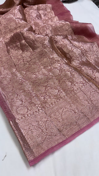 Pure banarasi peachish pink crushed tissue silk handwoven kadhwa saree with intricate border and kadhwa blouse