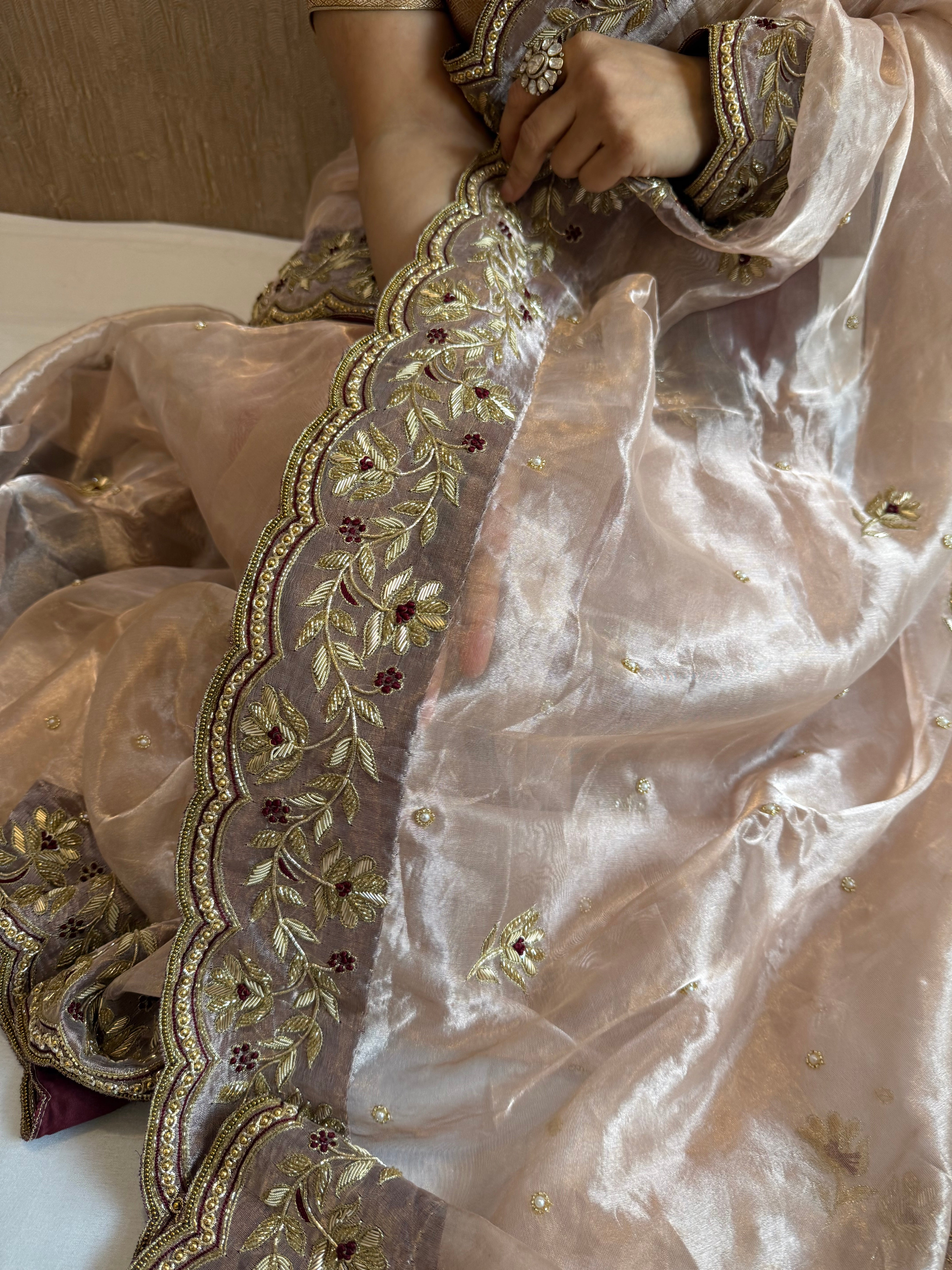 Diamond tissue silk floral kadhwa hand embroidered border