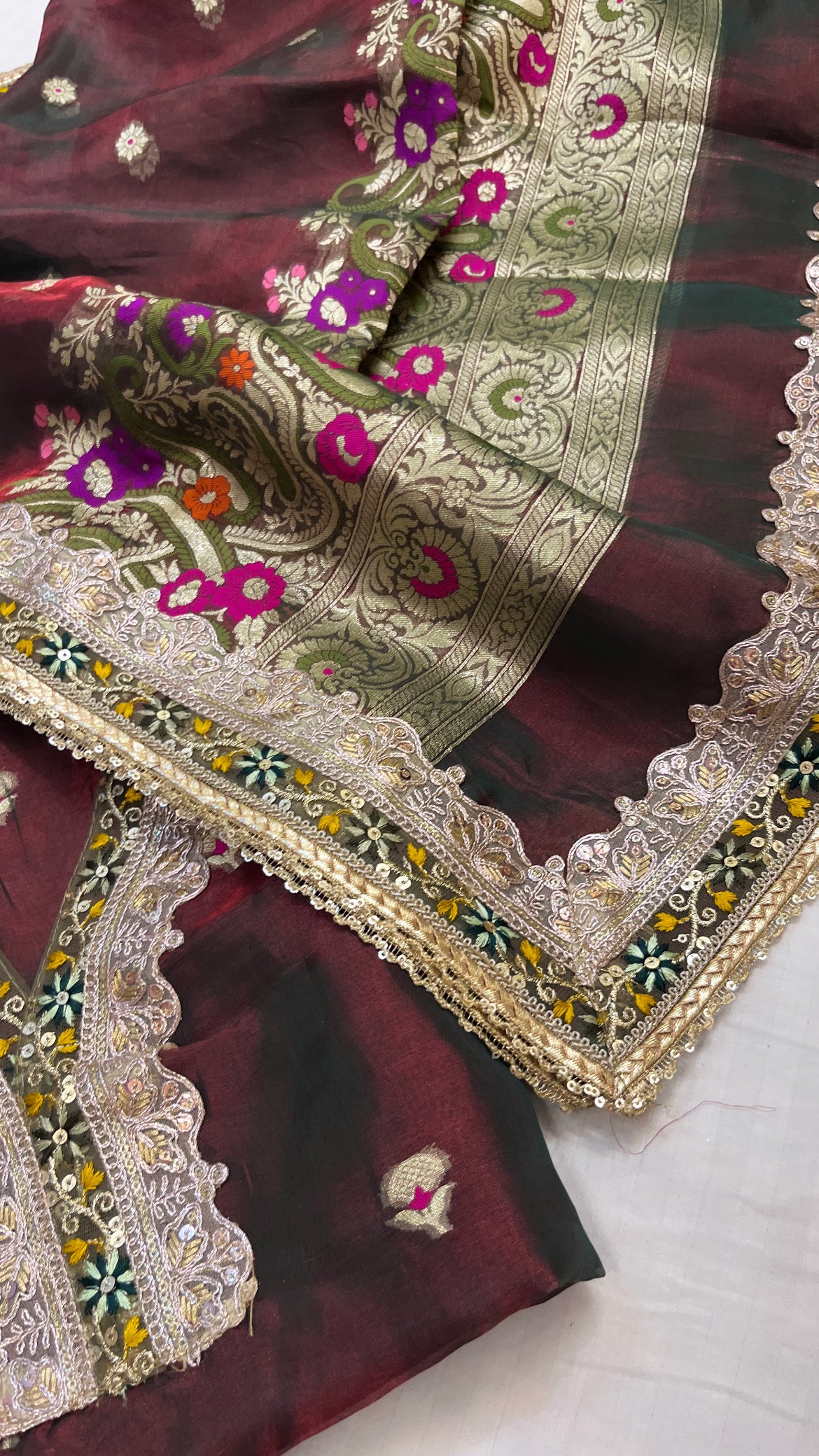 Heeramandi blood maroon tissue silk meenakari suit set