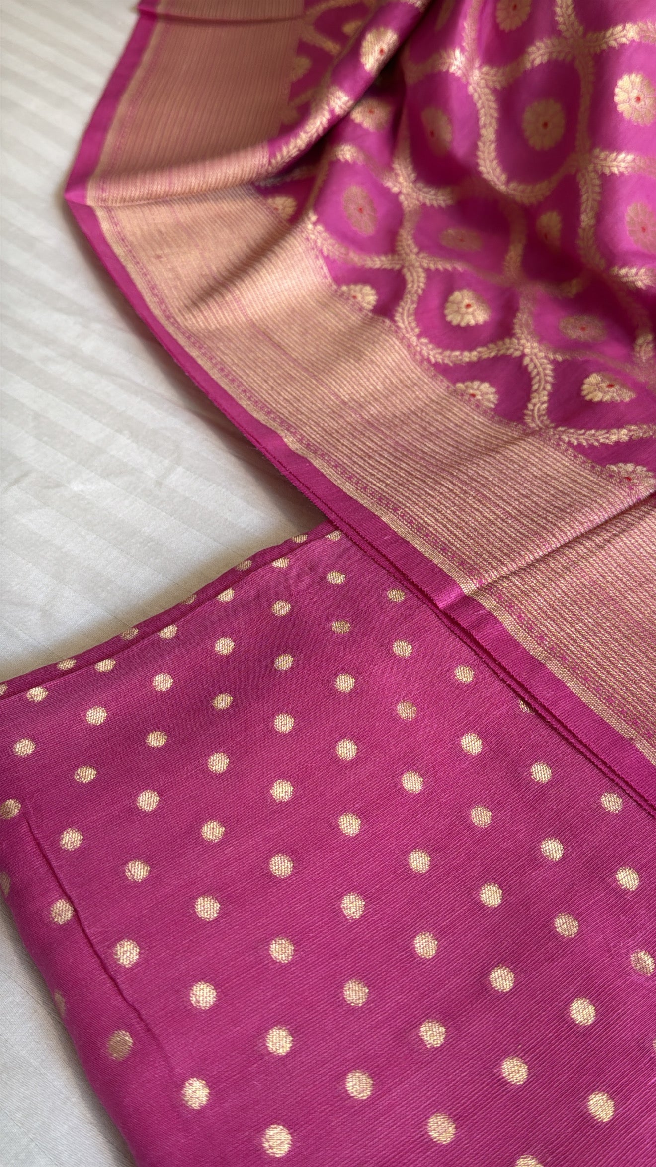 Strawberry pink moonga silk kadhwa jaal suit set