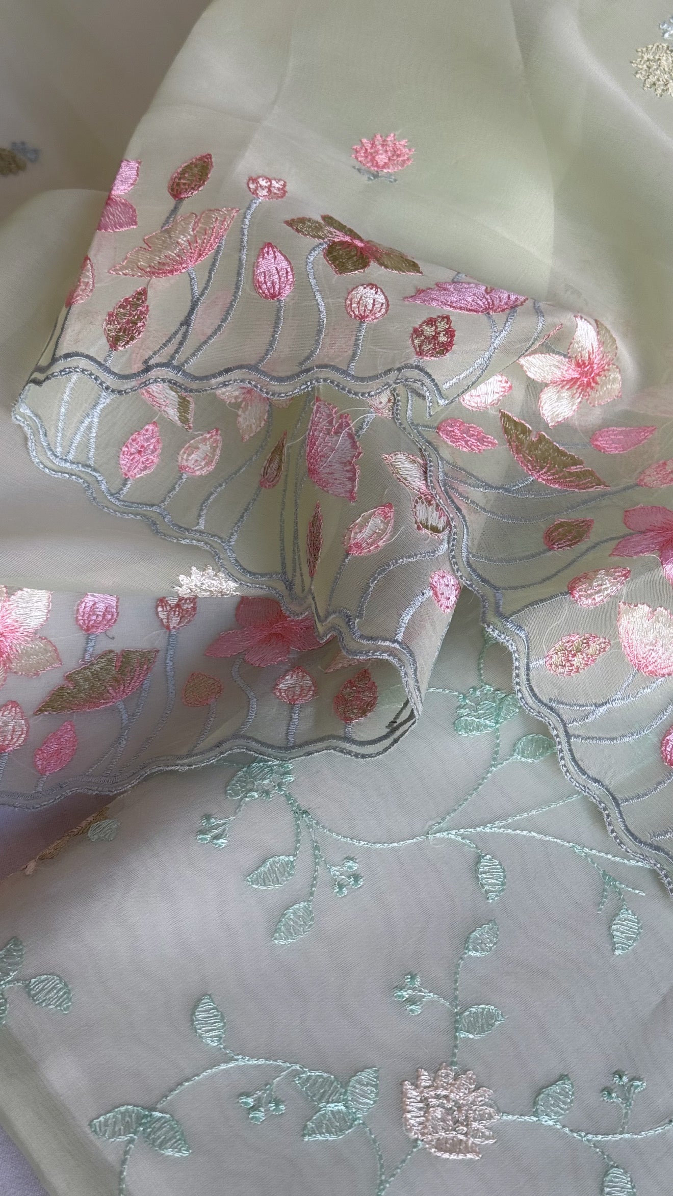 Mint green banarasi kora silk Parsi gara hand embroidered kadhwa suit set