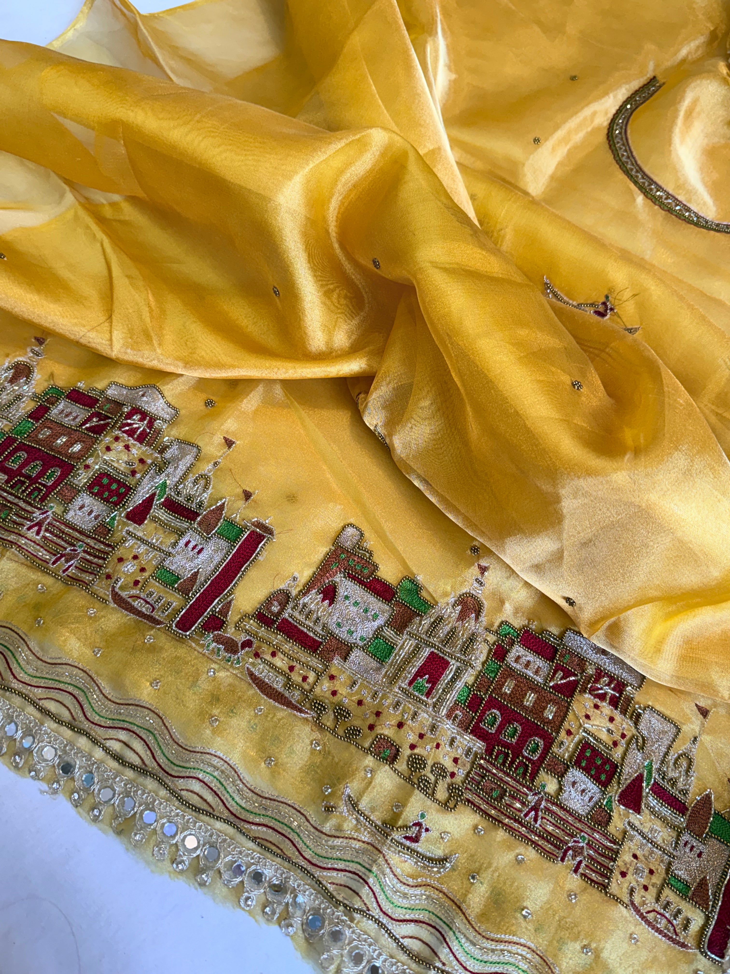 Ghat Banarasiya edit - Haldi yellow diamond tissue silk hand embroidered suit