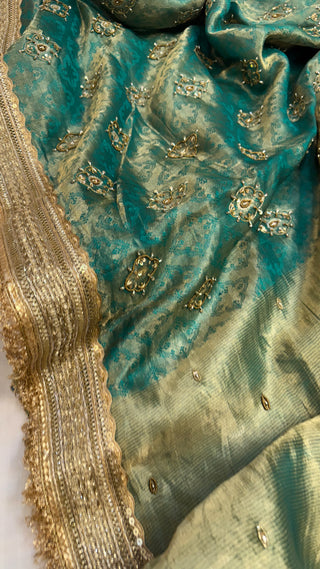 Cocktail wali saree - Teal green tissue silk heavy hand embroidered saree
