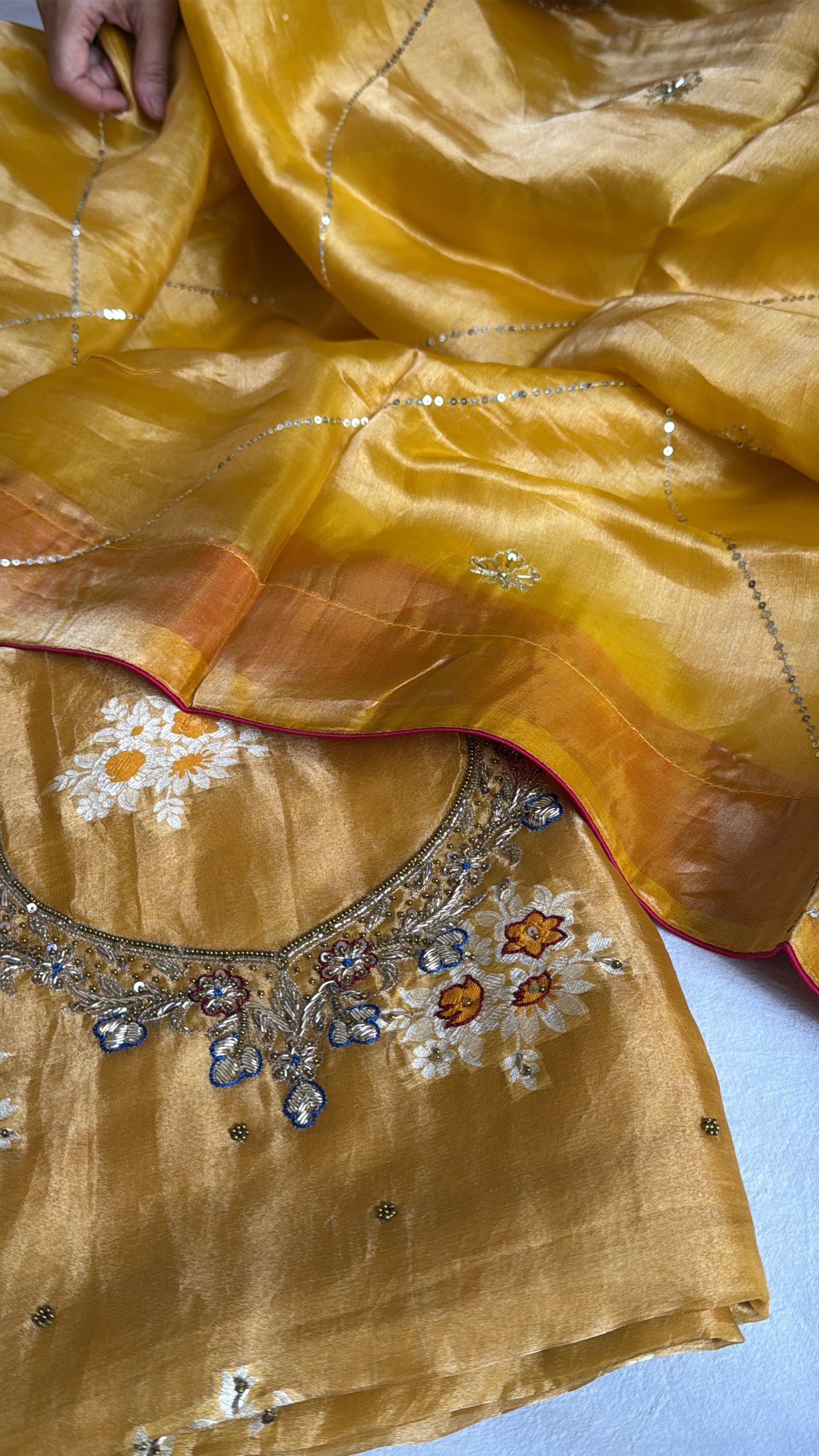 Haldi gold tissue silk hand embroidered heeramandi kadhwa suit set