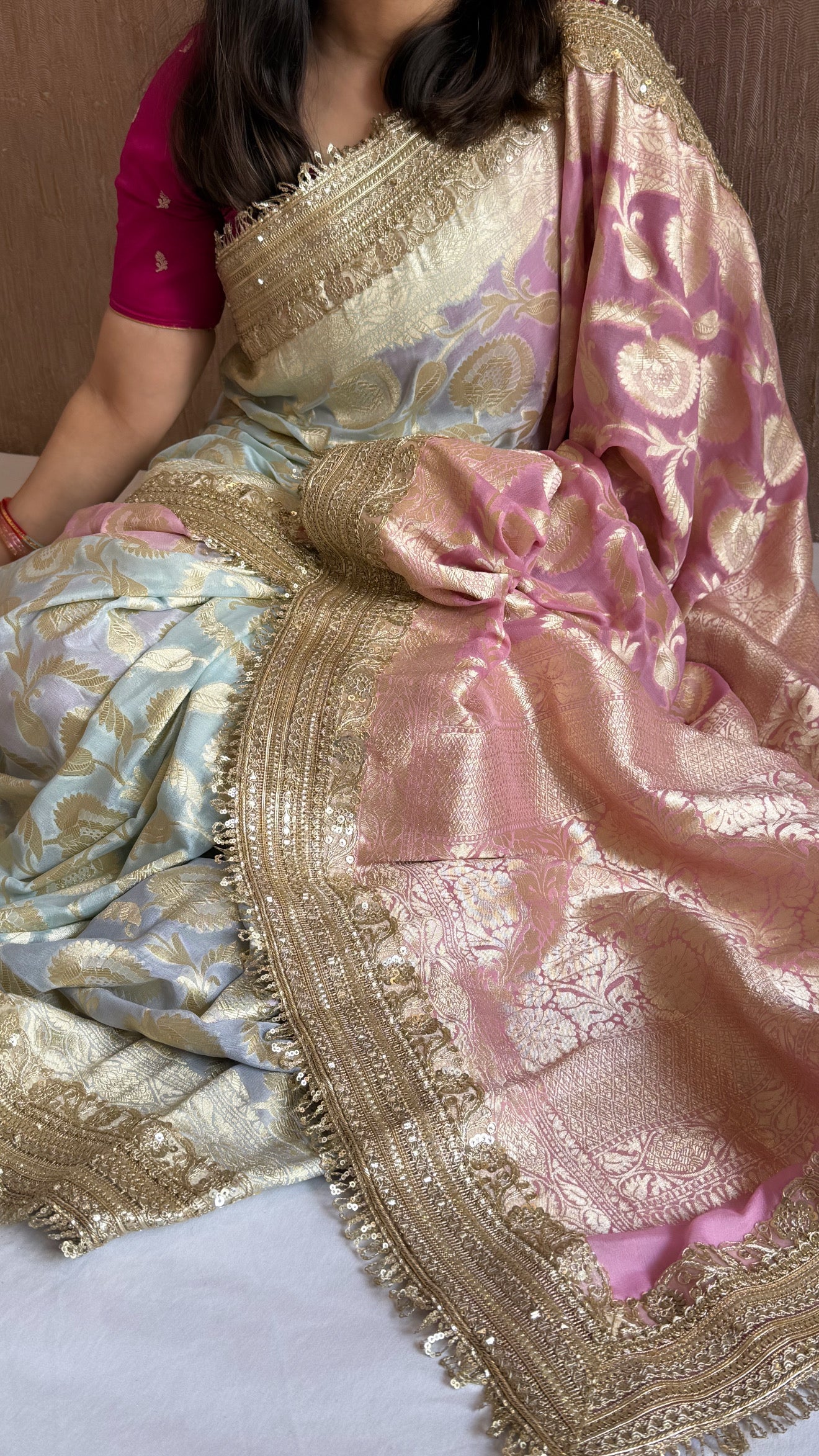 Gayatri devi inspired banarasi chiffon gorgette shaded kadhwa jaal sarees