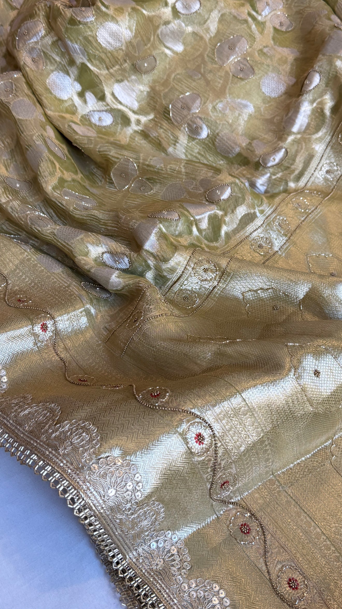 Mehfil sona rupa crushed tissue silk hand embroidered kadhwa saree