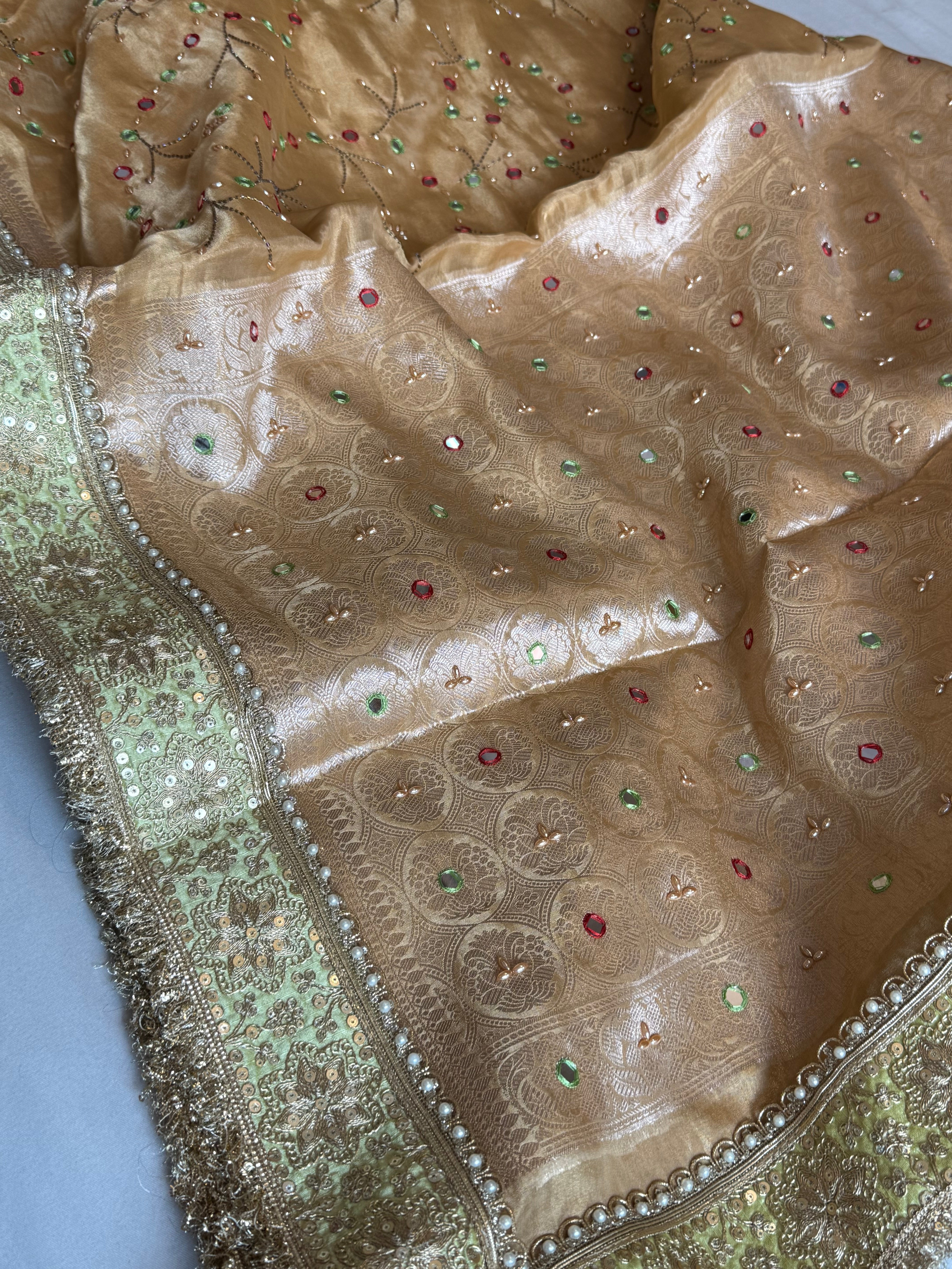 Sheesham edit - Heavy double tissue silk mirror work hand embroidered saree