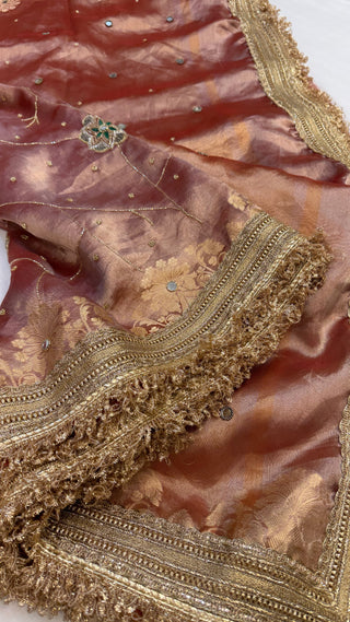 Cocktail wali saree - English peach tissue silk hand embroidered saree