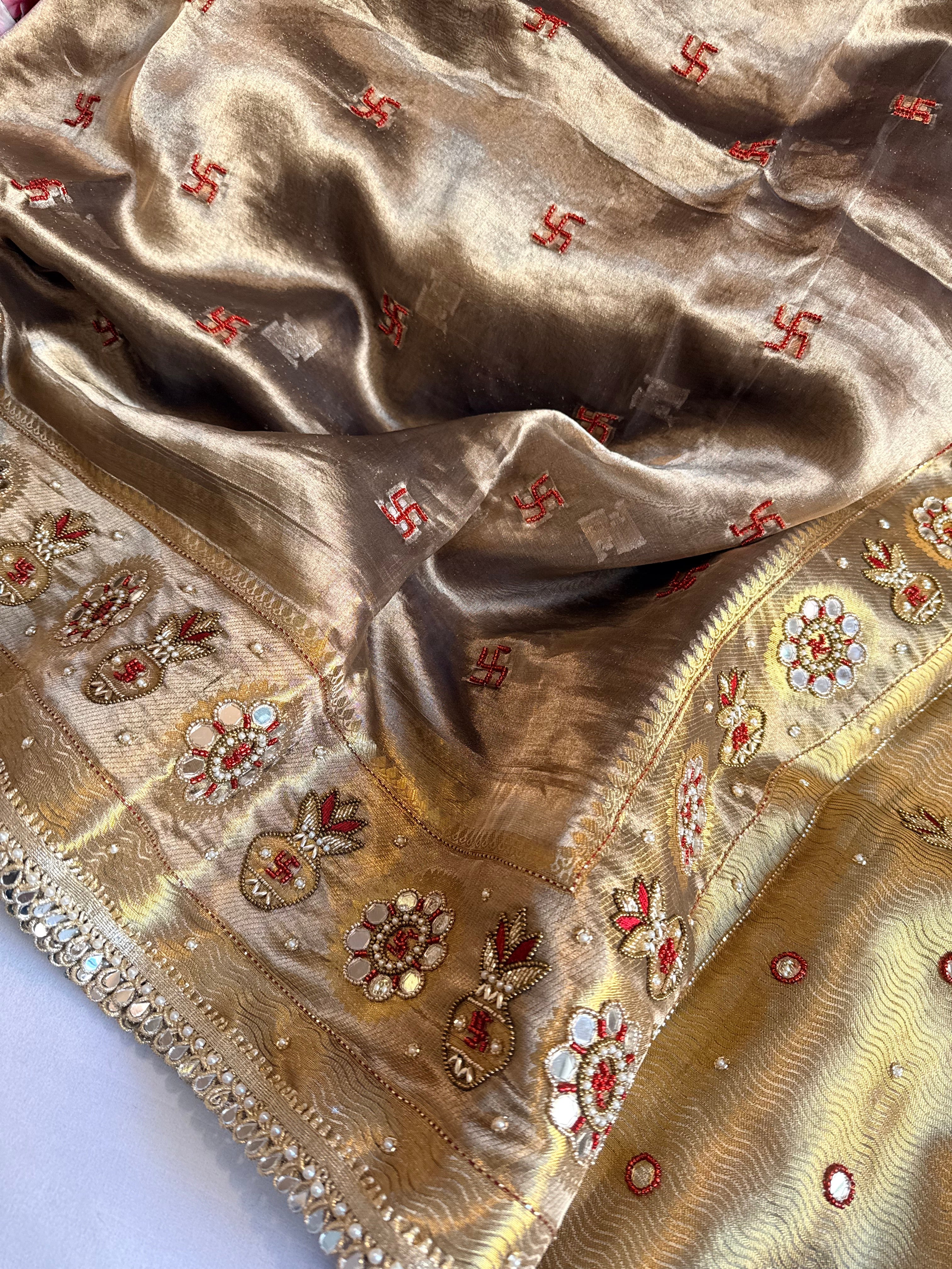 Nayi bahu wali saree edit - Molten gold tissue silk kalash and swastik hand embroidered mirror work saree