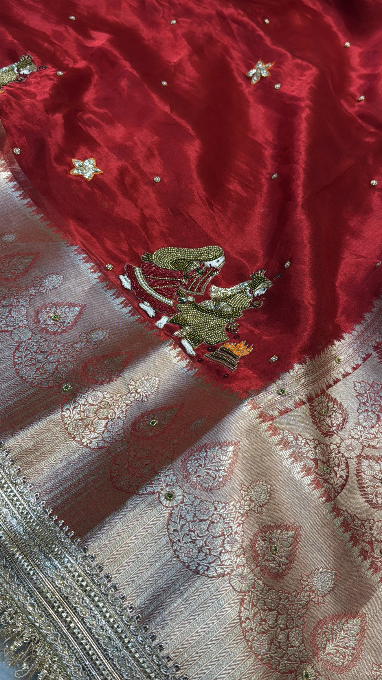 Dulhan ka joda husn red tissue silk hand embroidered saree