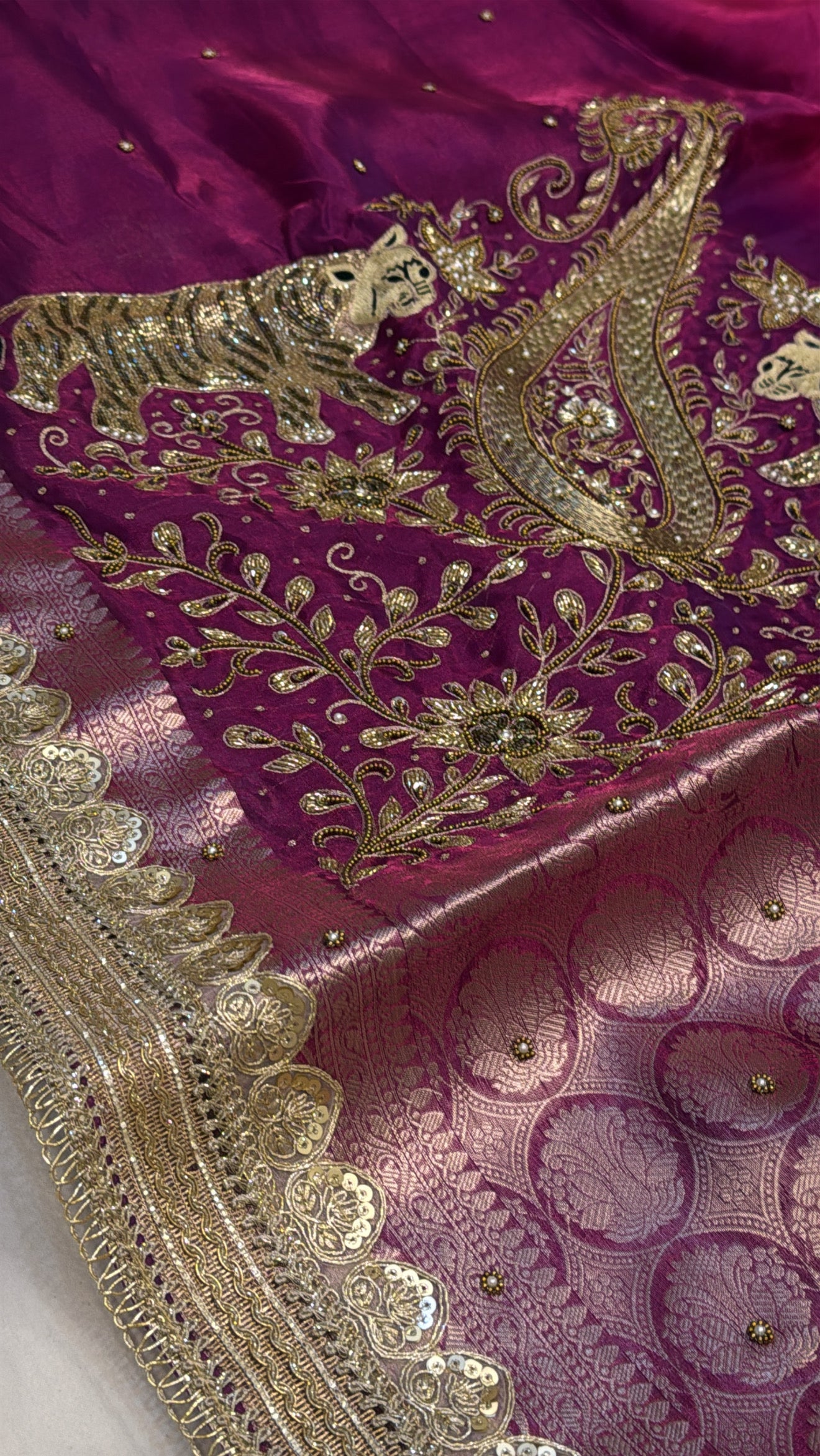 Magenta pink husn cheetah work hand embroidered tissue silk kadhwa saree