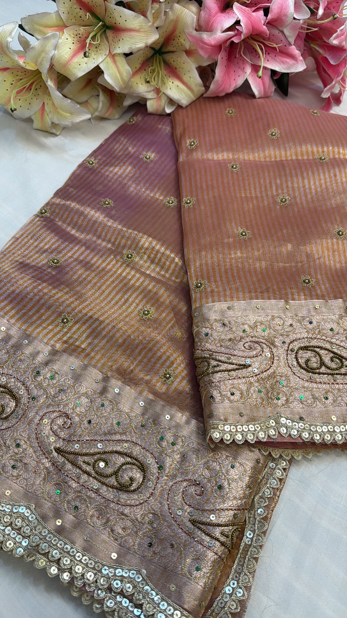 Blush peach-pink ombre shaded tissue silk hand embroidered kadhwa saree