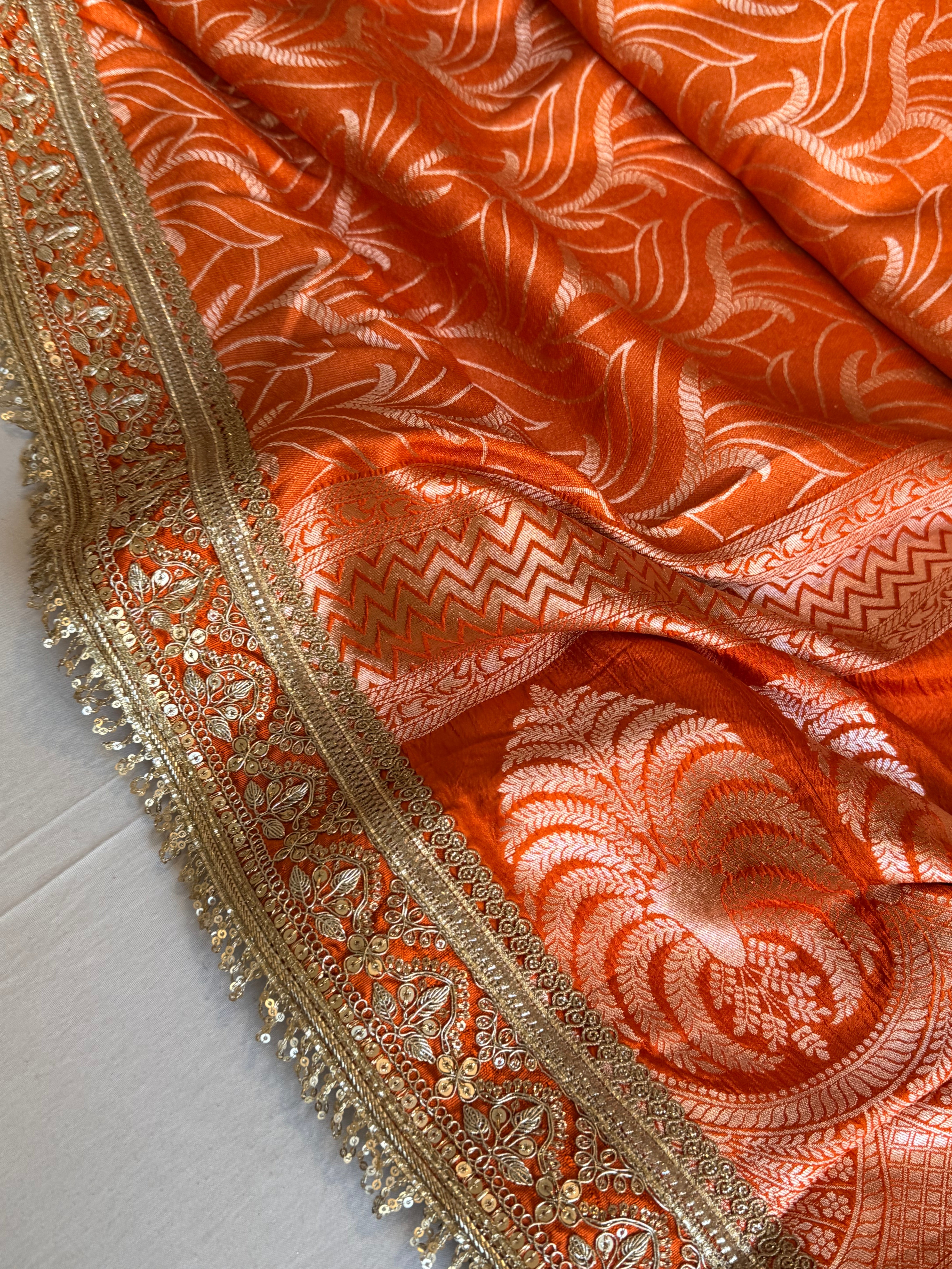 Fanta orange raw mango silk abstract weaving kadhwa saree