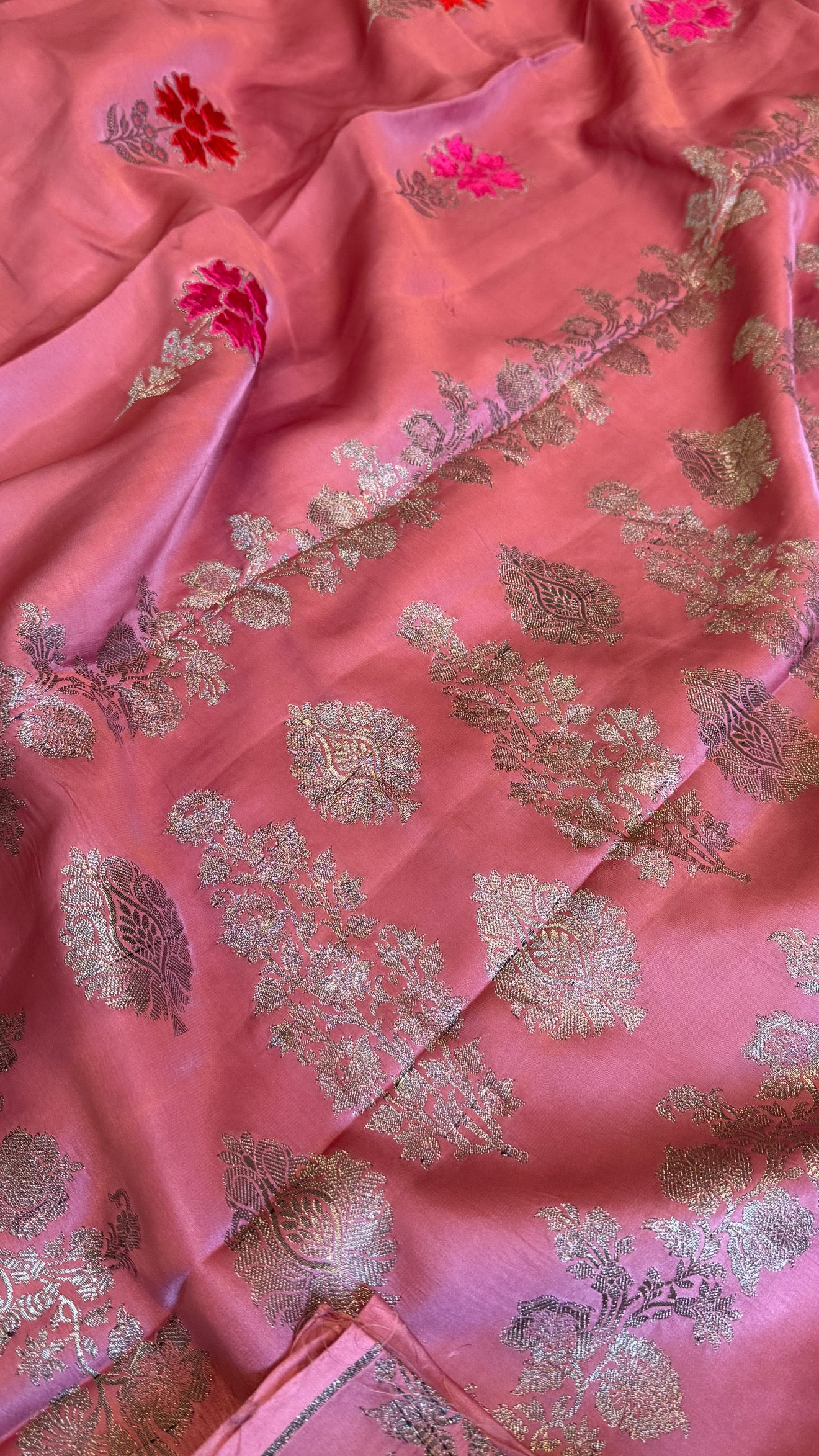 Brick peach banarasi mashru silk velvet buti kadhwa weaving antique black zari saree