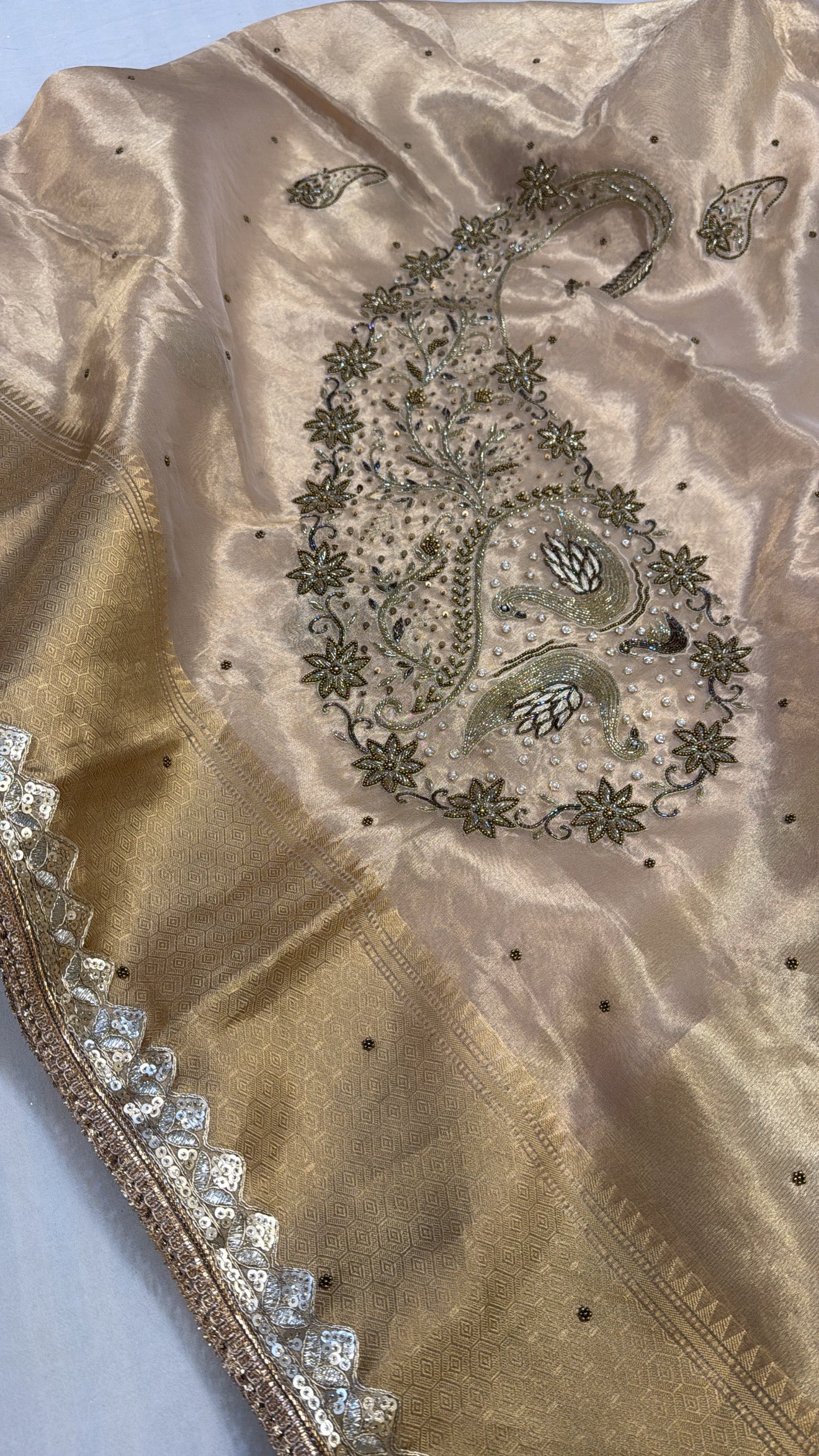 Golden husn tissue silk hand embroidered kadhwa saree