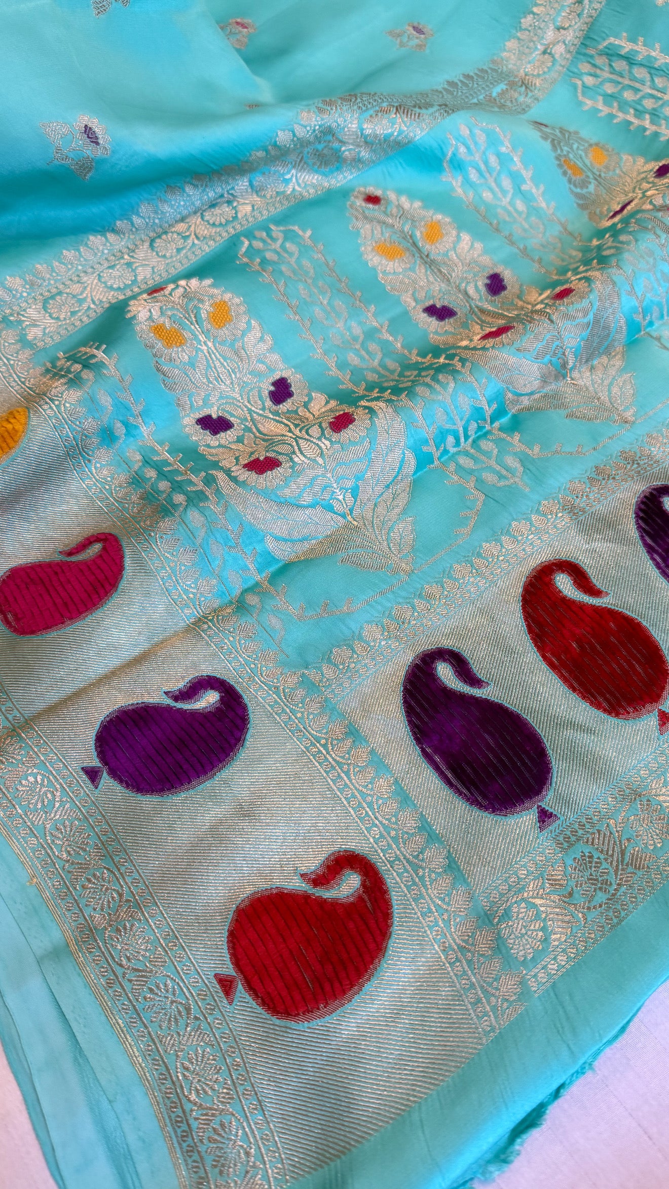 Sky blush blue banarasi mashru silk velvet buti kadhwa weaving saree