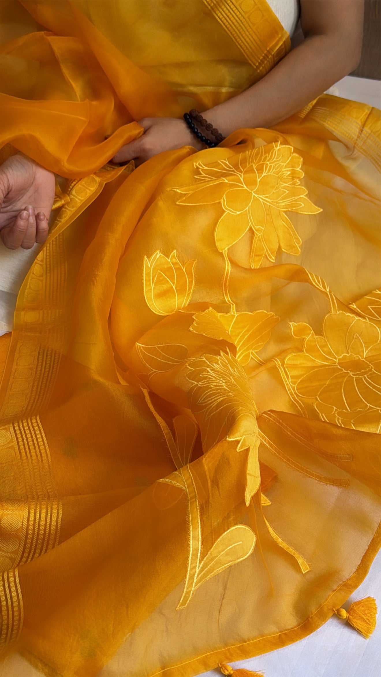 Mango yellow kora silk appliqué work duppata paired with chiniya silk kurta set