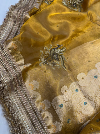 Cocktail wali saree - Gold yellow tissue silk heavy hand embroidered saree