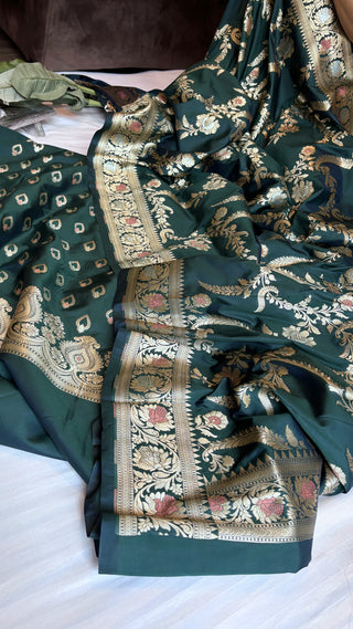 Bottle green banarasi mashru silk suit set