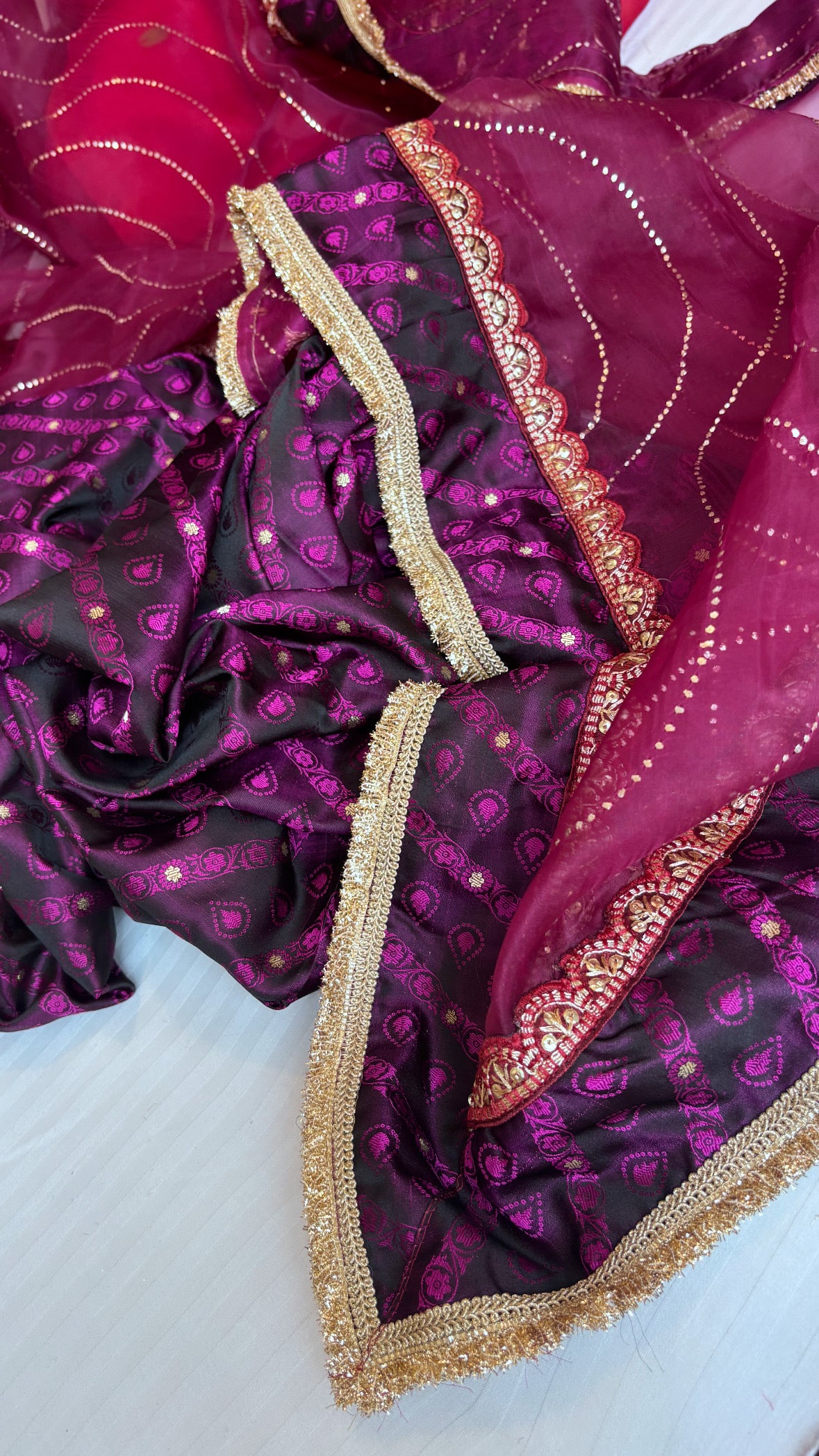 Falsa wine mashru tanchoi silk suit set with kora silk mukaish badla duppata set