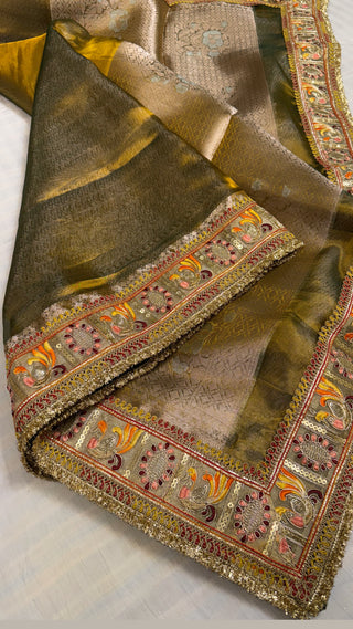 Kanjivaram green maharani meenakari tissue silk saree