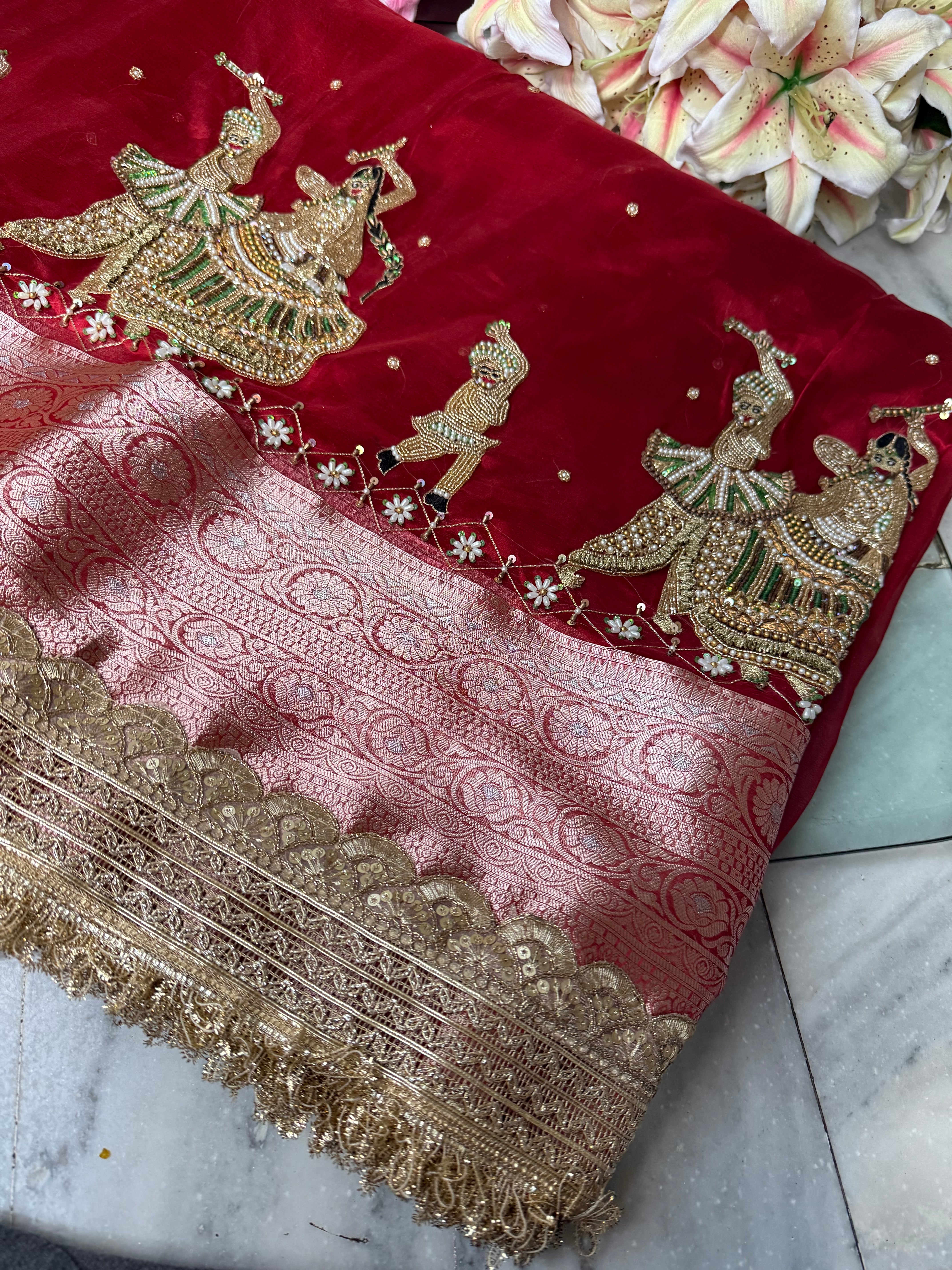 Dandiya wali laal saree - blood red garba theme hand embroidered kadhwa tissue silk saree
