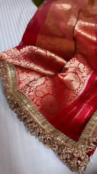 Tamatar laal shade leela kora silk kadhwa buti saree