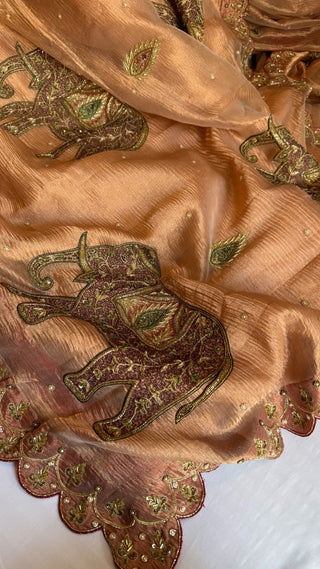 GajGamini copper crushed tissue silk heavy elephant motif hand embroidered meenakari saree