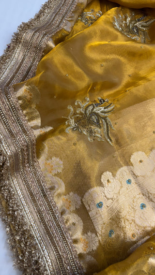 Cocktail wali saree - Gold yellow tissue silk heavy hand embroidered saree