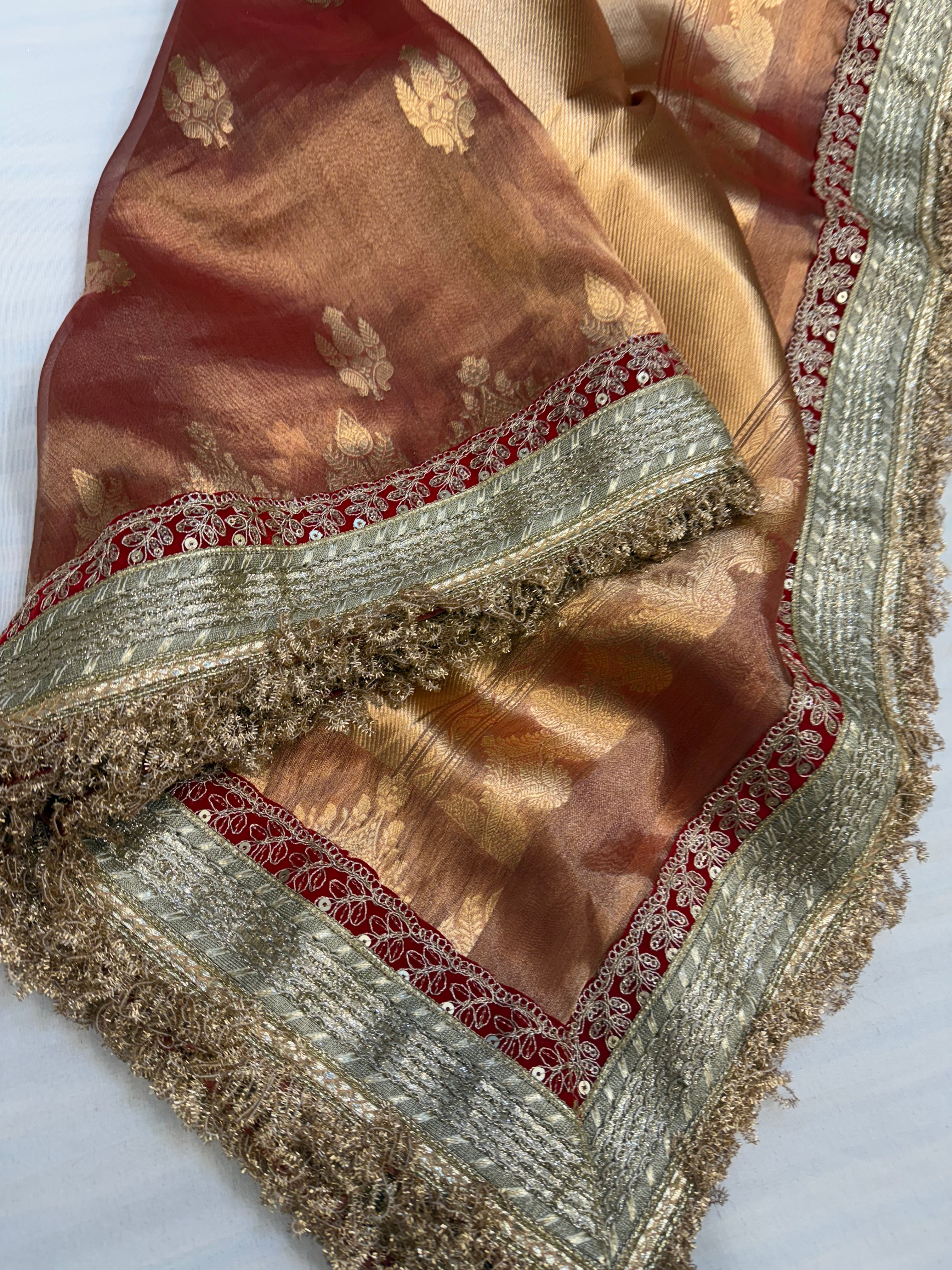 Cherry pink maharani tissue silk kadhwa buti saree