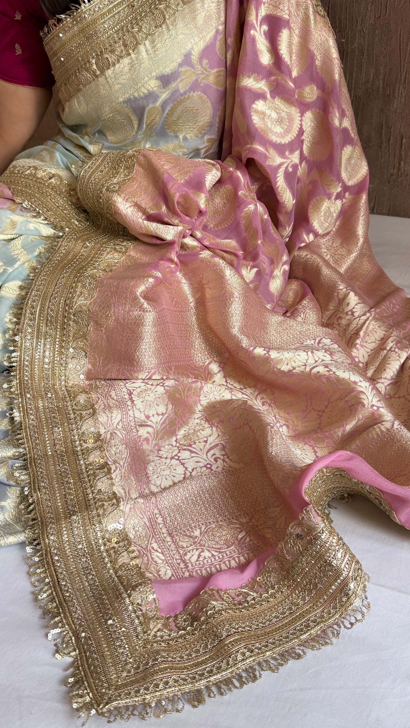 Gayatri devi inspired banarasi chiffon gorgette shaded kadhwa jaal sarees