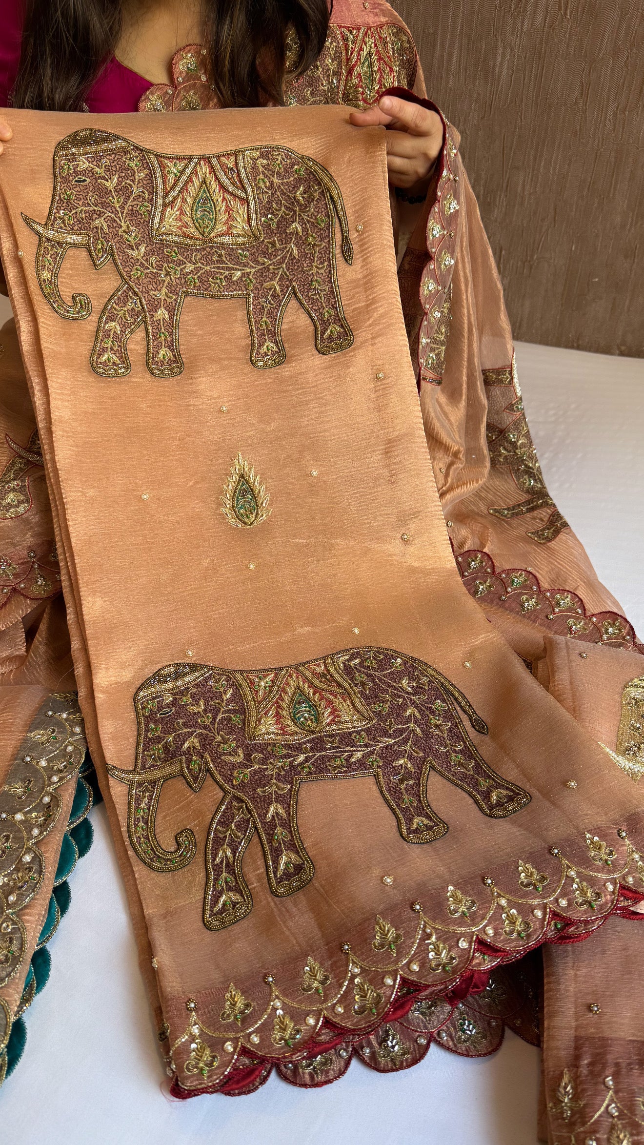 GajGamini crushed copper tissue silk elephant motif heavy hand embroidered meenakari work saree