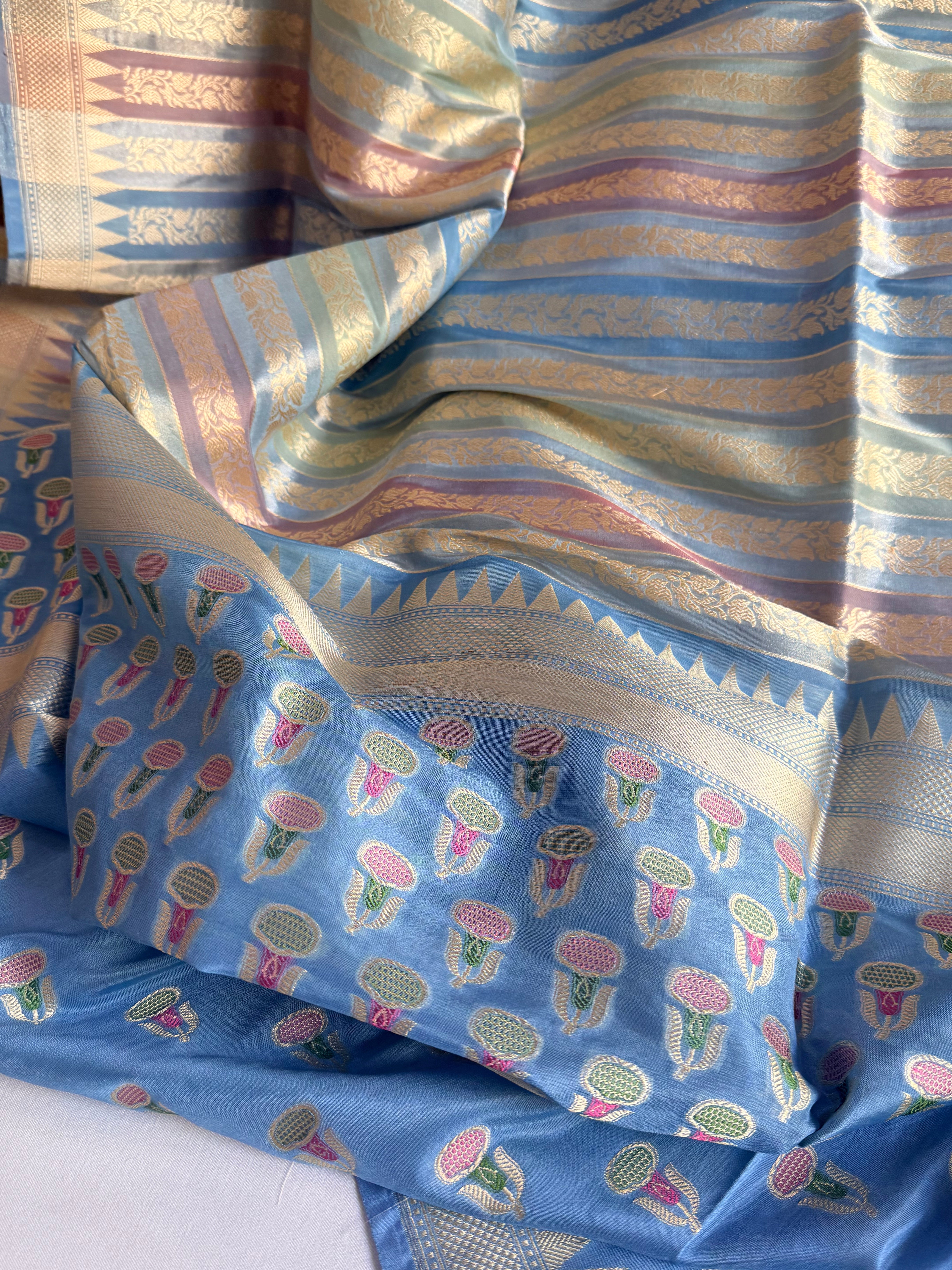 Katan gorgette shades of blue pastels rangkaat weaving suit set