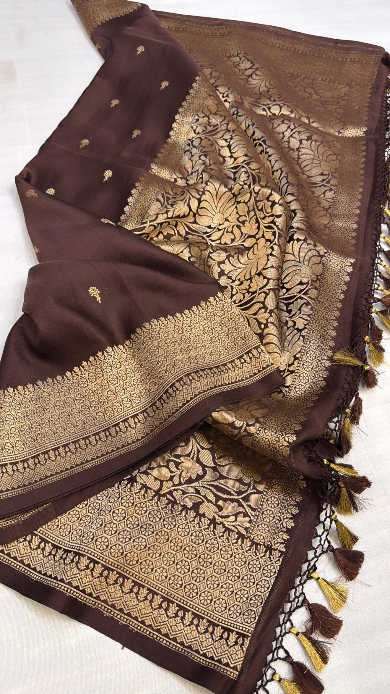 Mashru satin silk chocolate brown shade banarasi saree