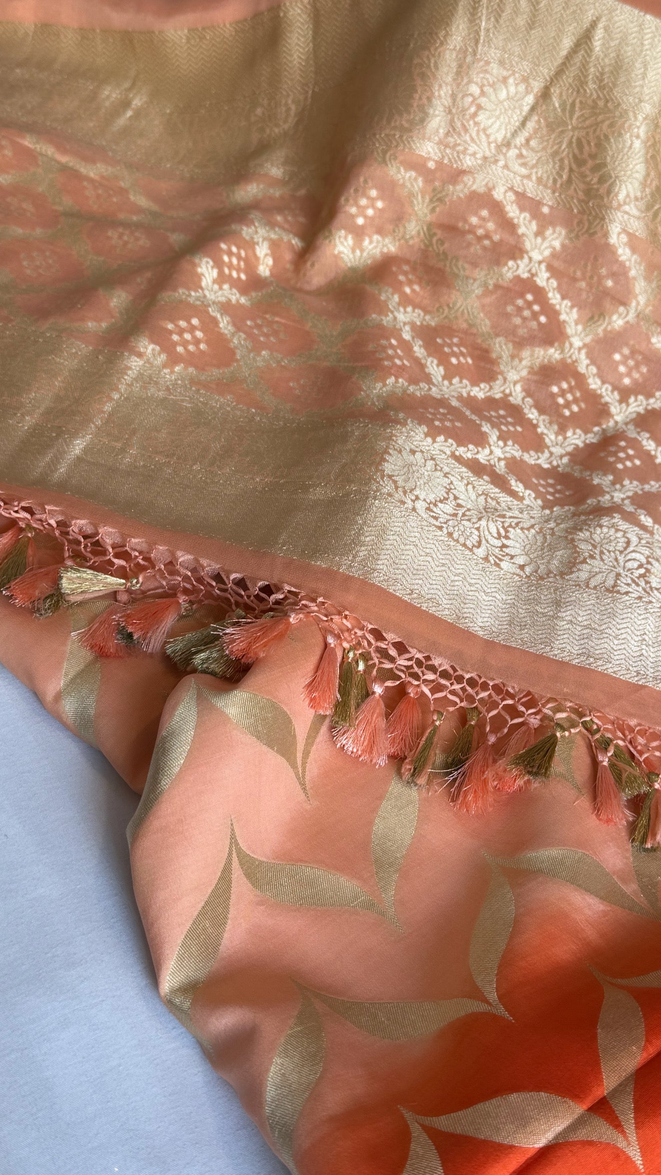 Fanta orange ombre shaded kadhwa chiniya silk kurta paired with chiffon gorgette duppata