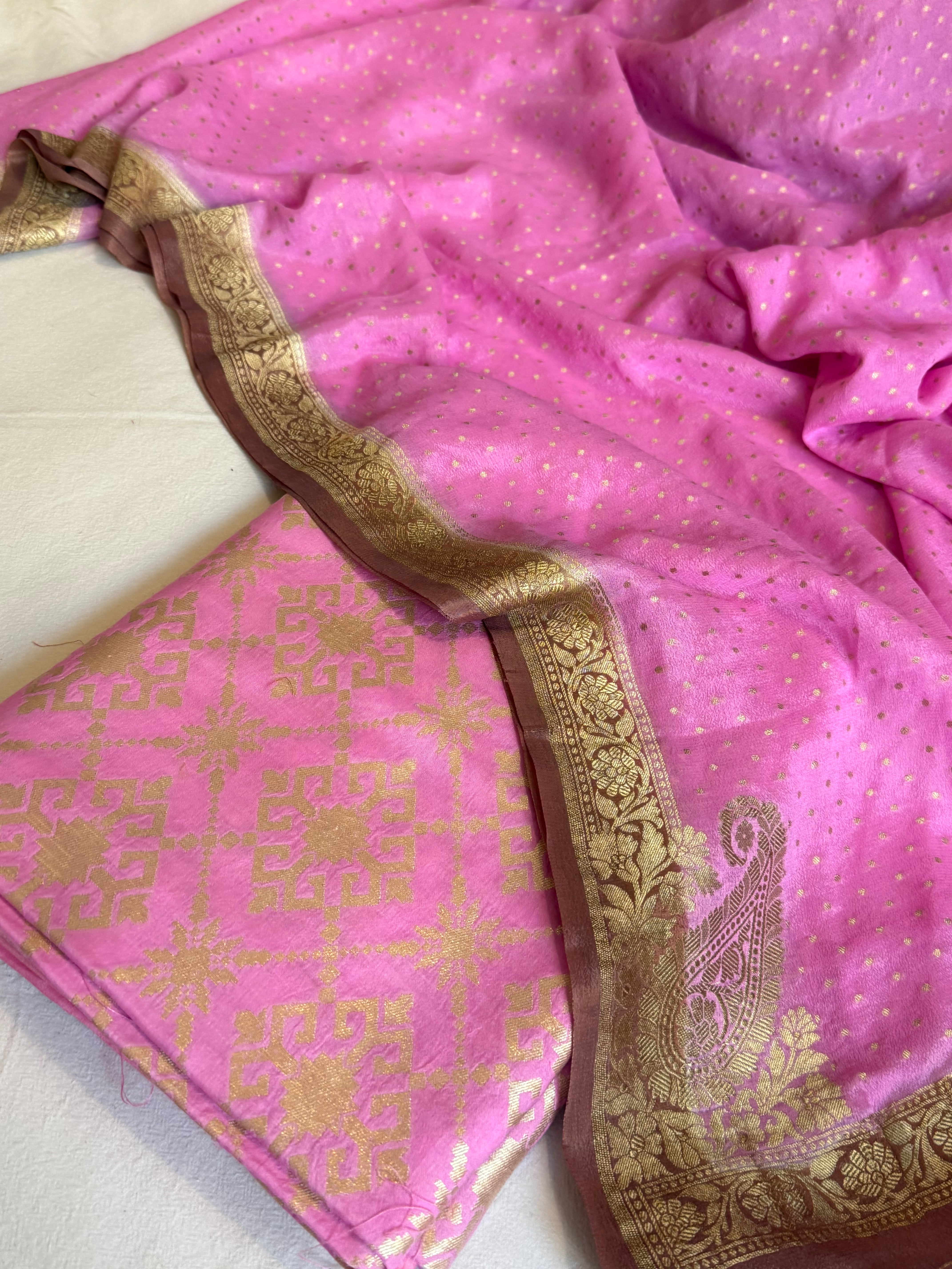 Banarasi hot pink-brown chiniya silk kurta paired with gorgette kadhwa duppata set