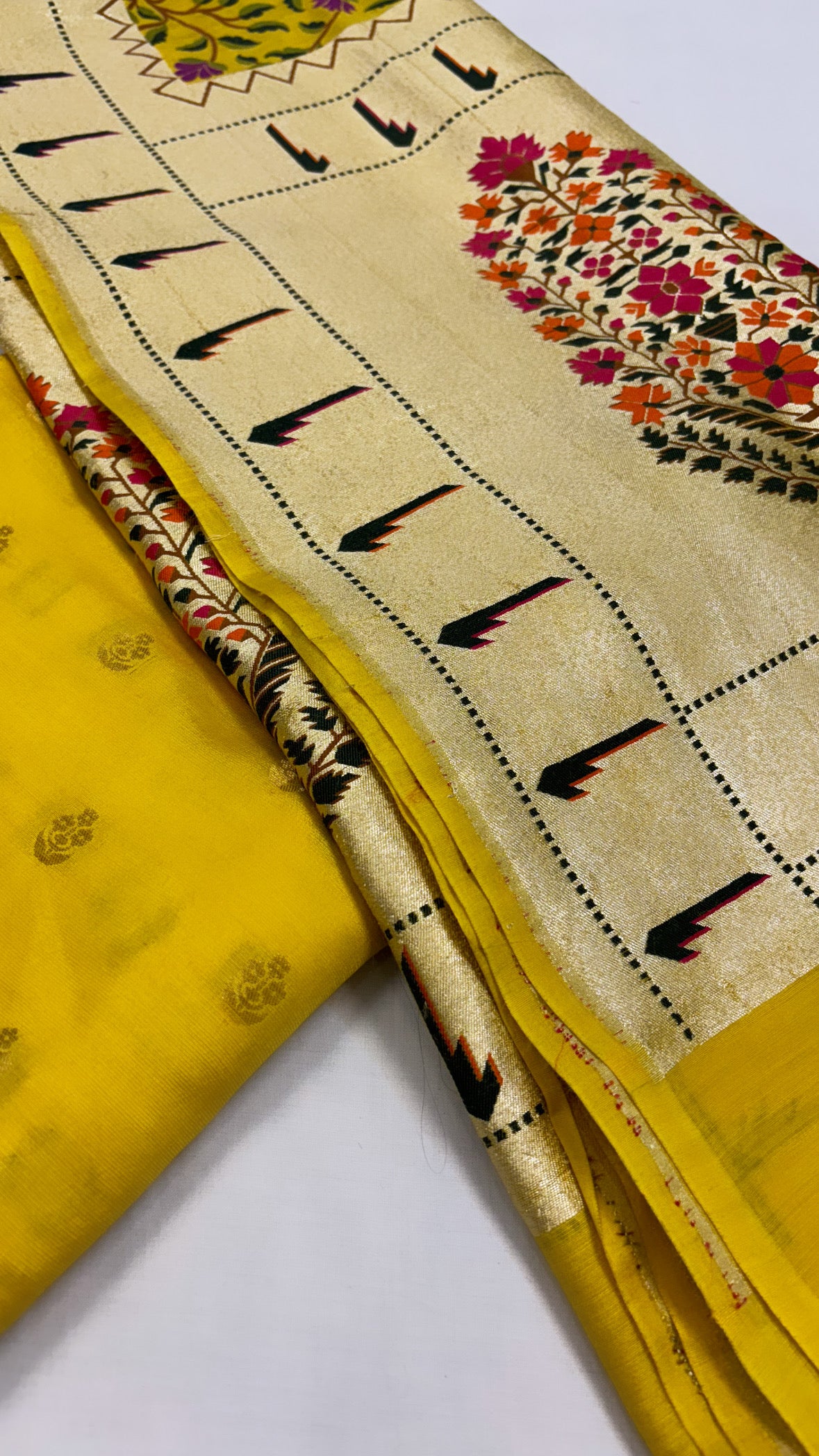 Pure Banarasi mango yellow moonga silk kadhwa buti kurta paired with kadhwa  meenedar paithani jaal intricately woven duppata and bottom set