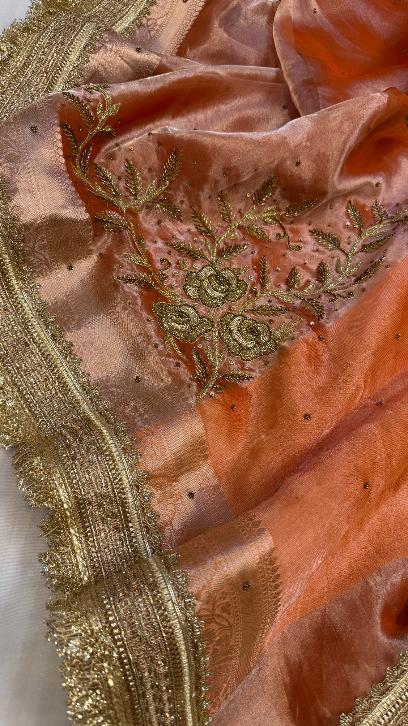 Cocktail edit sarees - Peach tissue silk heavy hand embroidered sarees