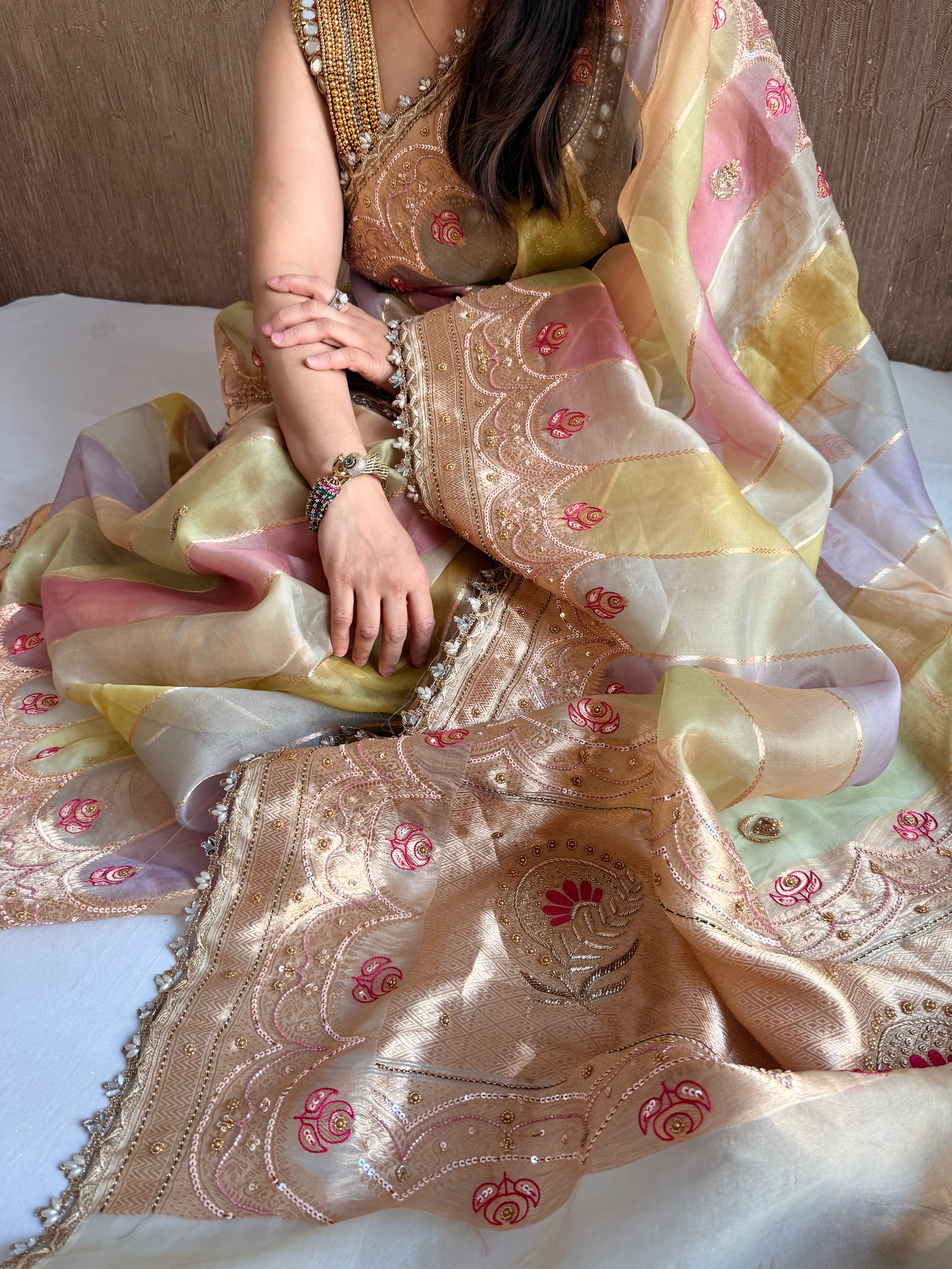 Rang birangi edit - Striped kora silk hand embroidered rangkaat saree