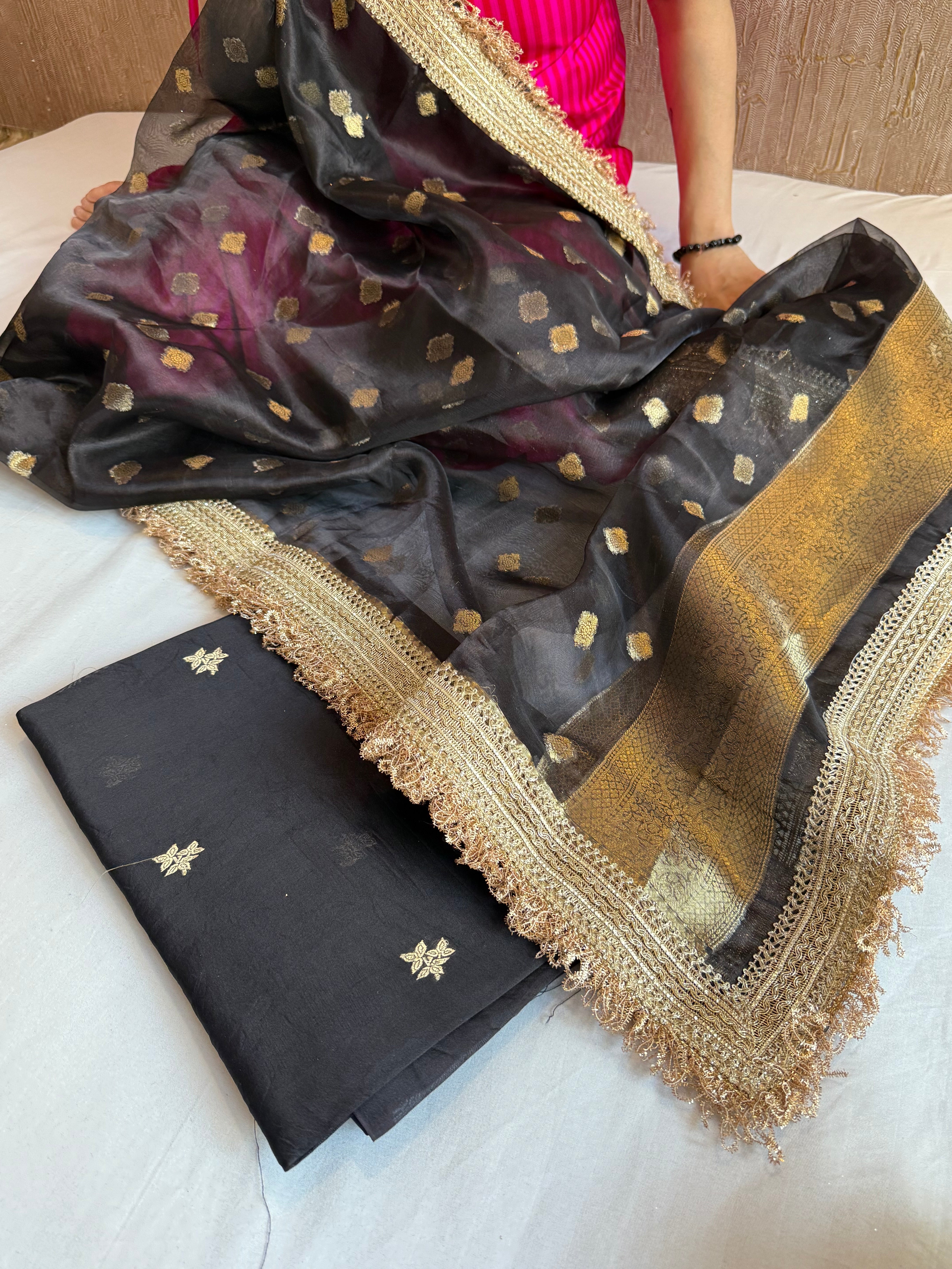 Black kora silk kadhwa gotapatti buti suit set