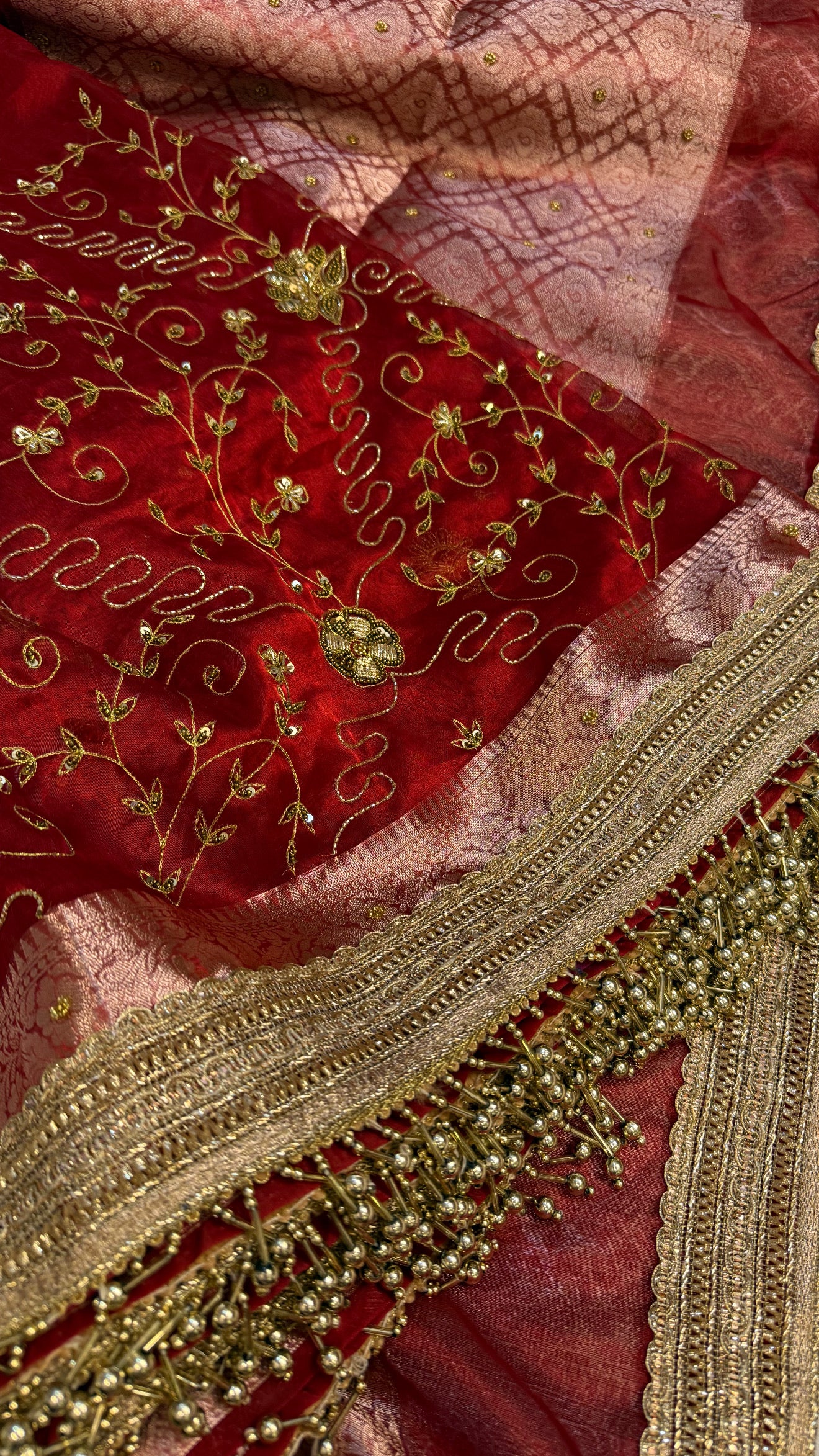 Trousseau edit — Hot blood red husn tissue silk hand embroidered saree