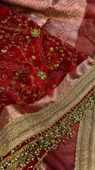 Trousseau edit — Hot blood red husn tissue silk hand embroidered saree