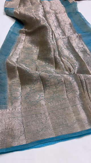 Pure banarasi firozi blue crushed tissue silk handwoven kadhwa saree with intricate border and kadhwa blouse