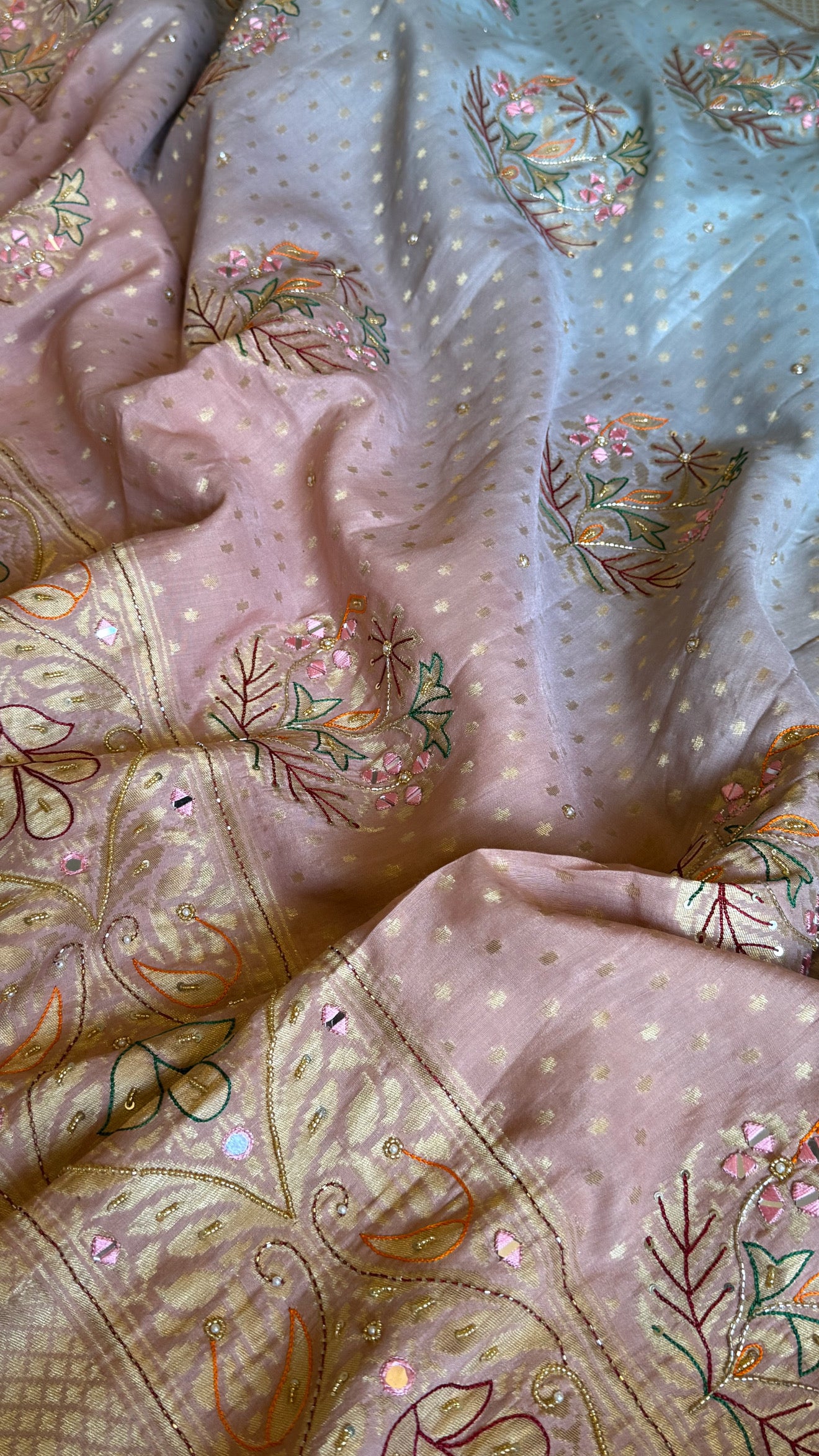 Moonga silk blush blue and pink ombre shaded hand embroidered kadhwa saree