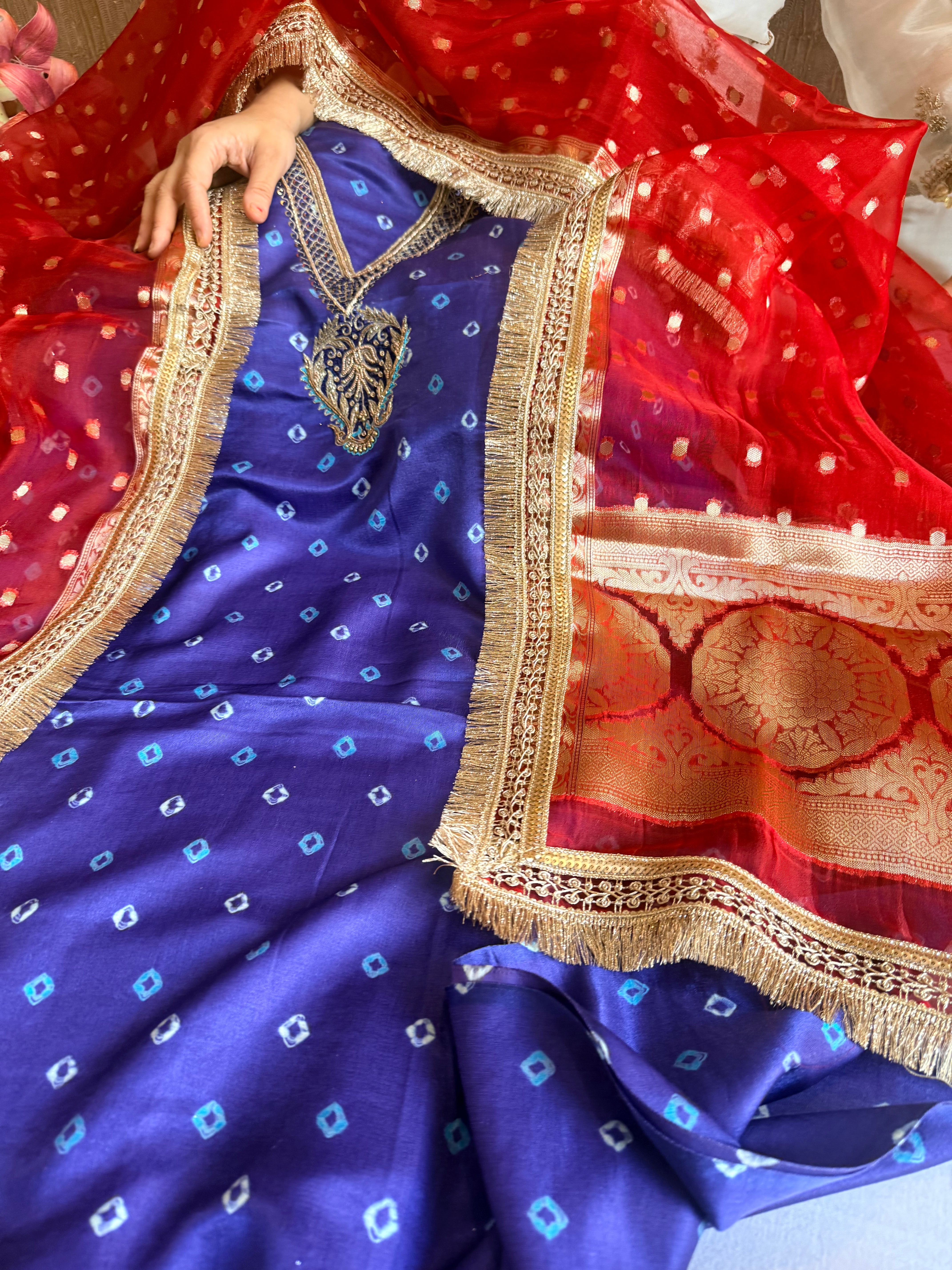 Electric blue - red chiniya silk kadhwa buta kurta paired with kora silk red duppata