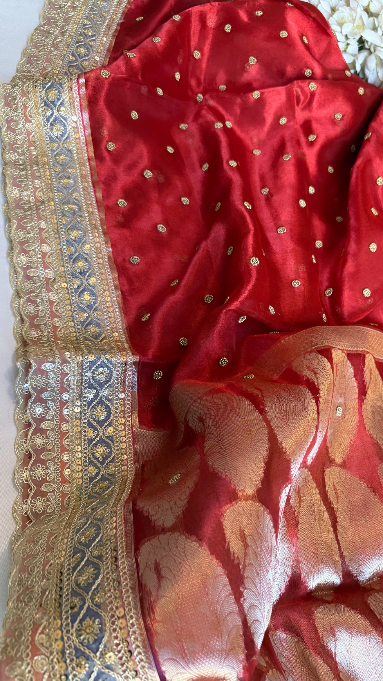 Maharani chunri buti hand embroidered kadhwa tissue silk saree