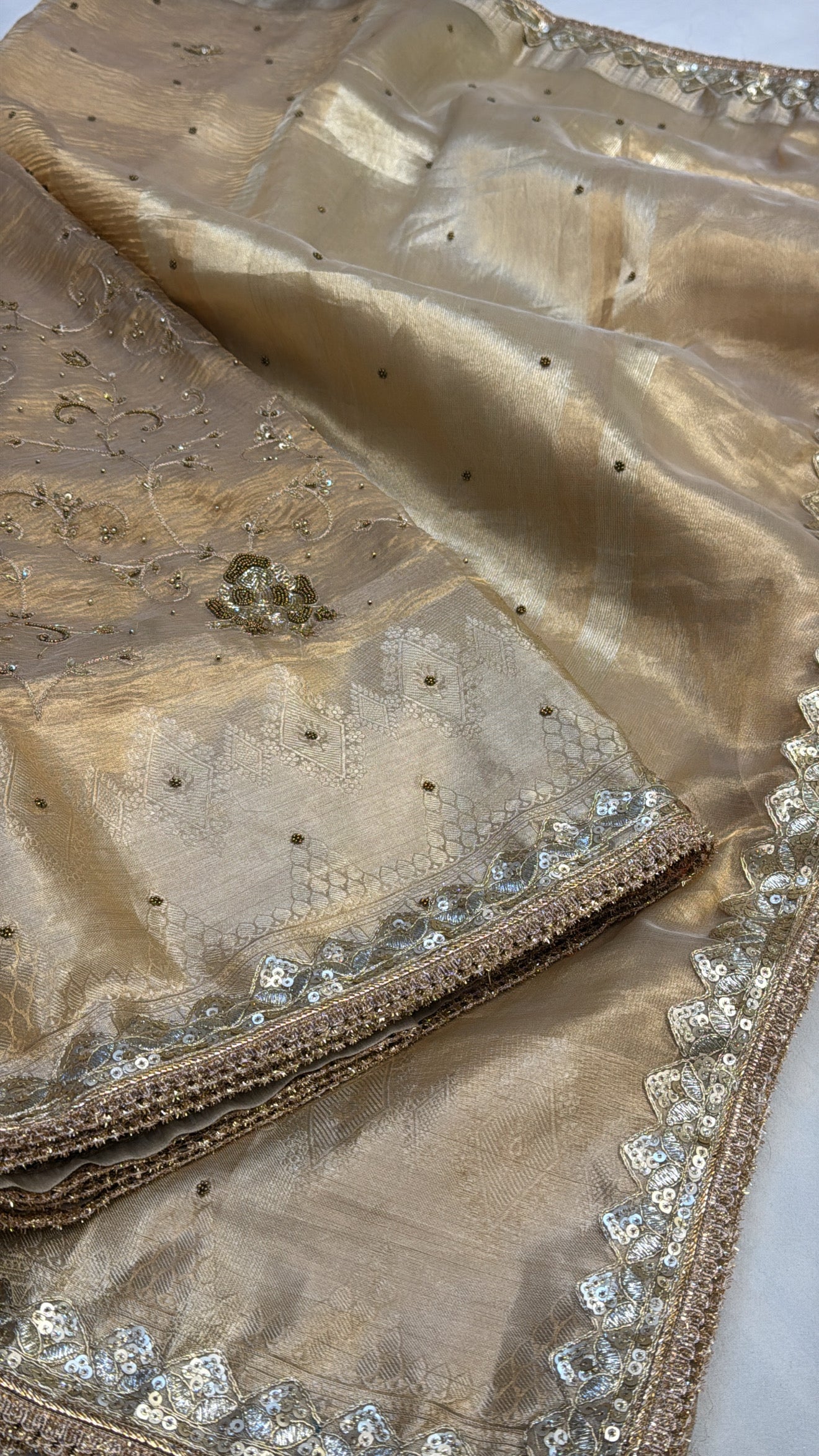 Golden husn tissue silk hand embroidered kadhwa saree with gotapatti work