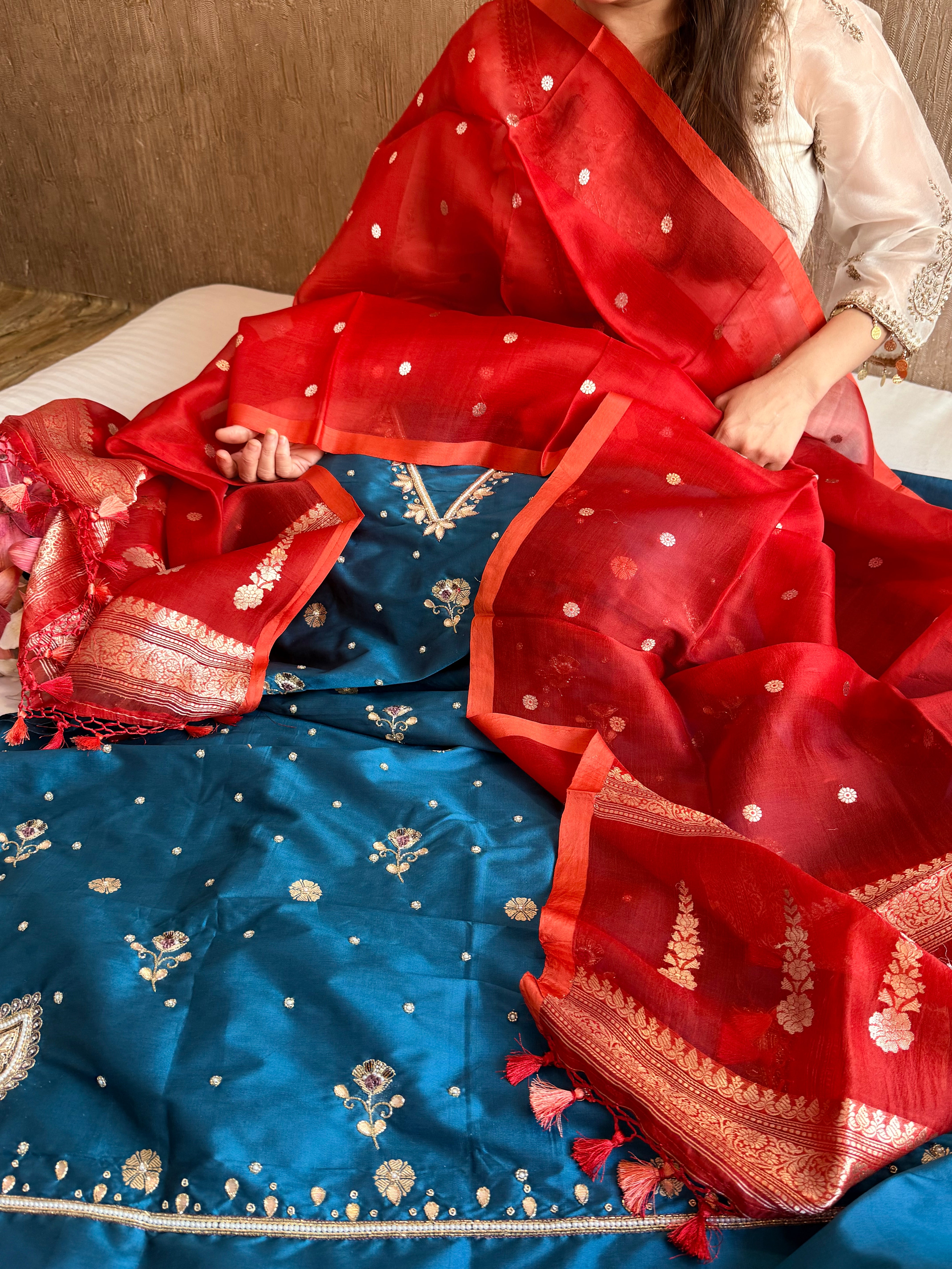 Katan silk hand embroidered banarasi kurta paired with kora silk duppata