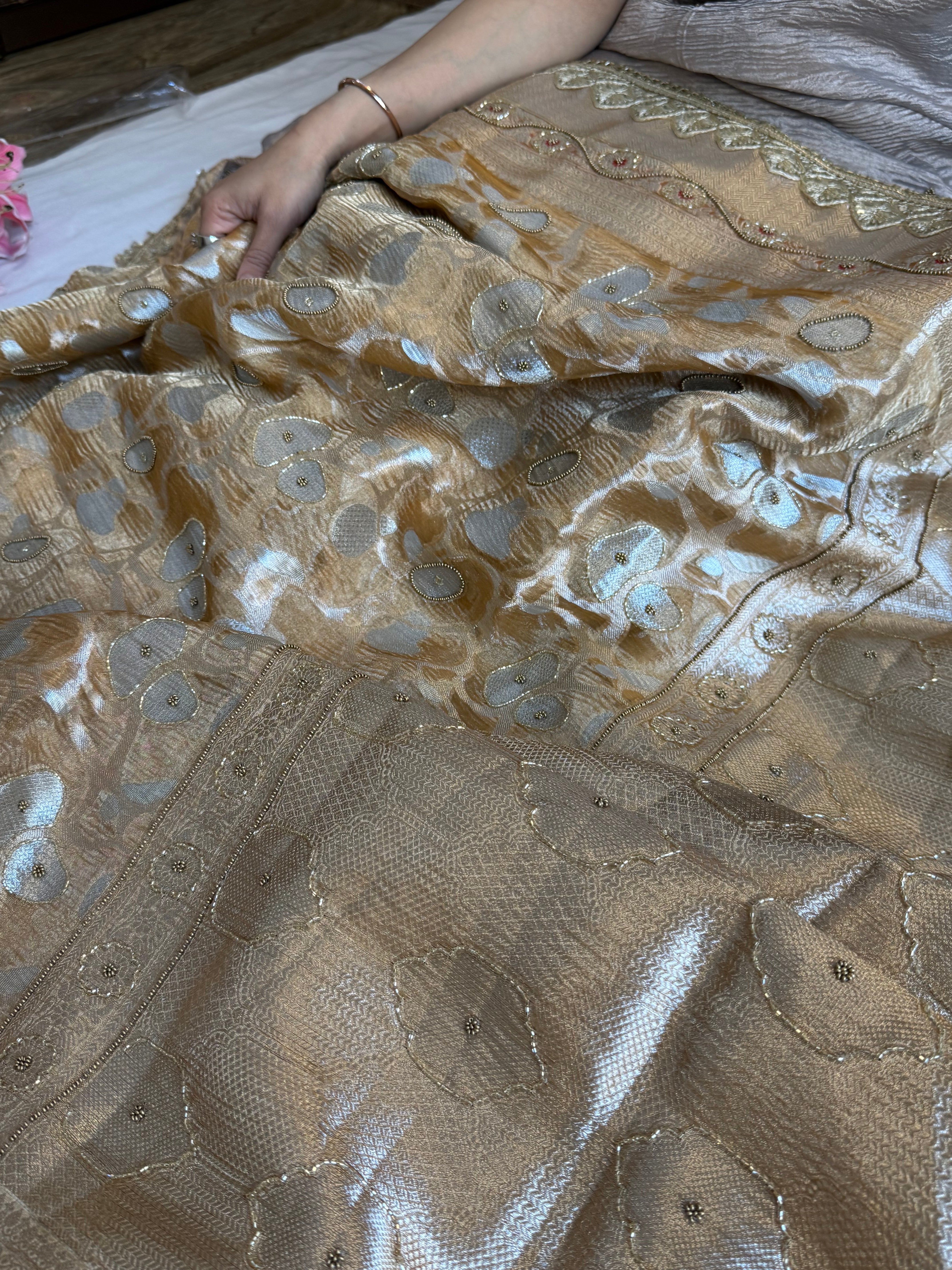 Mehfil sona rupa crushed tissue silk hand embroidered kadhwa saree