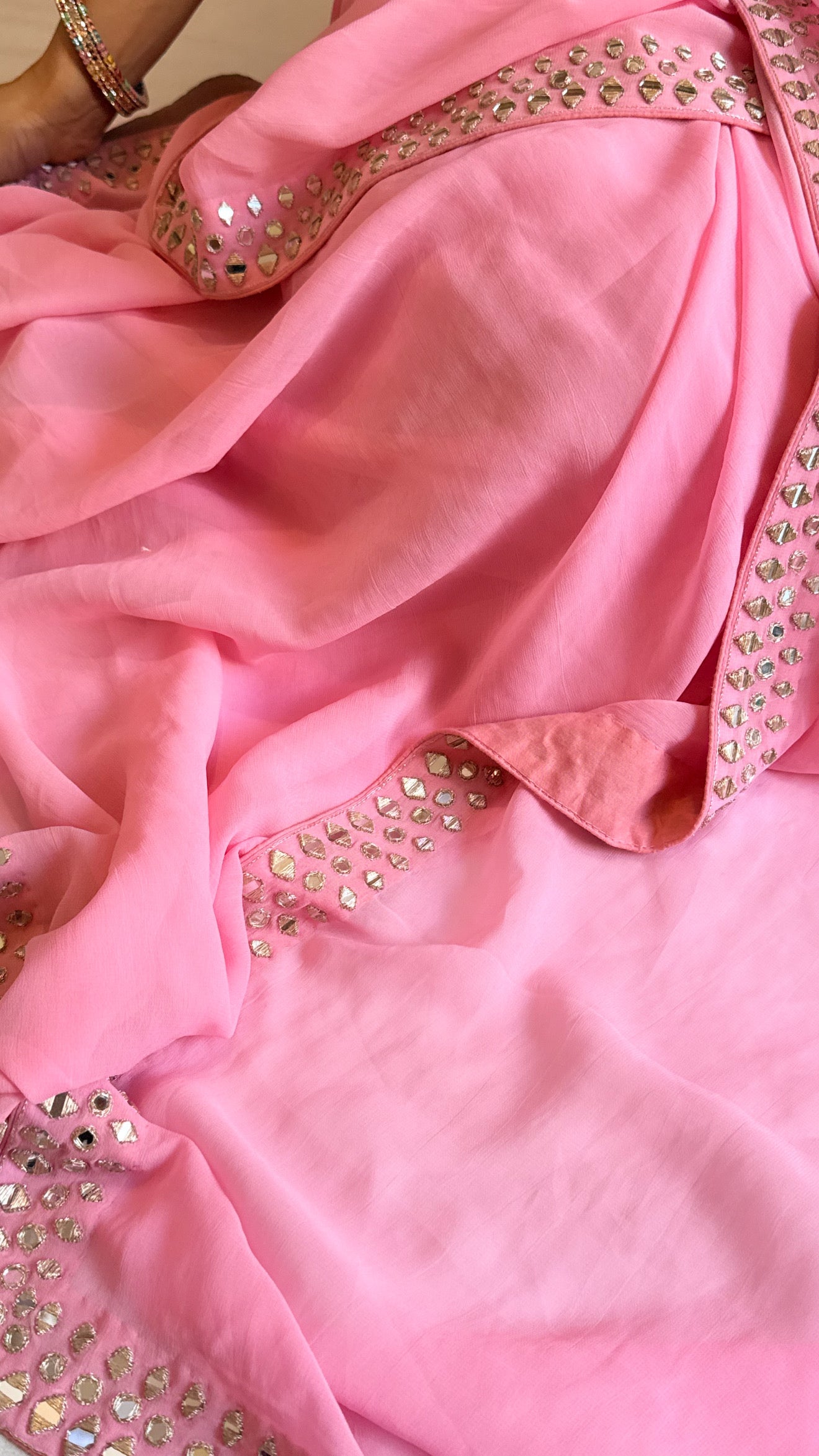 Mother’s Day offer - Candy pink chiffon gorgette mirrorwork hand embroidered sarees